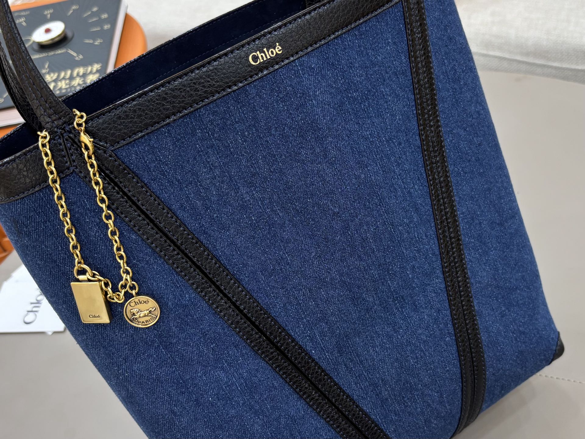 Chloe Spin Tote Bag Medium 27cm Blue Denim Calfskin 272224