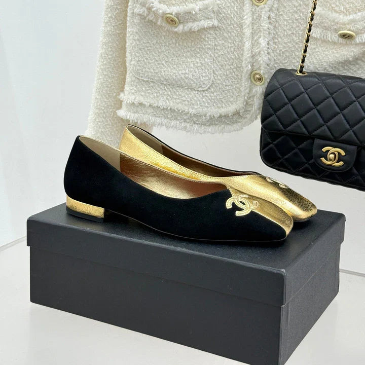 CC 26S Double C Patchwork Ballet Flat Gold Black in Customized leather 706369