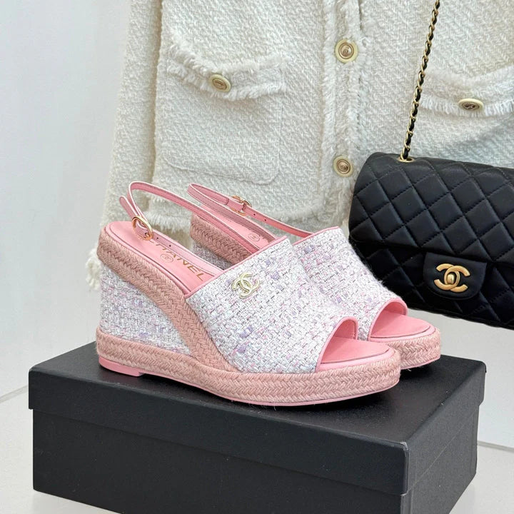 Chanel 26P Double C Rope Wedge Peep Toe Sandals Pink in Knit 706351