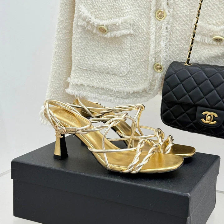 CC 26P Double C Strappy Square Toe High-Heeled 70 Sandals Gold in Cowhide 706345