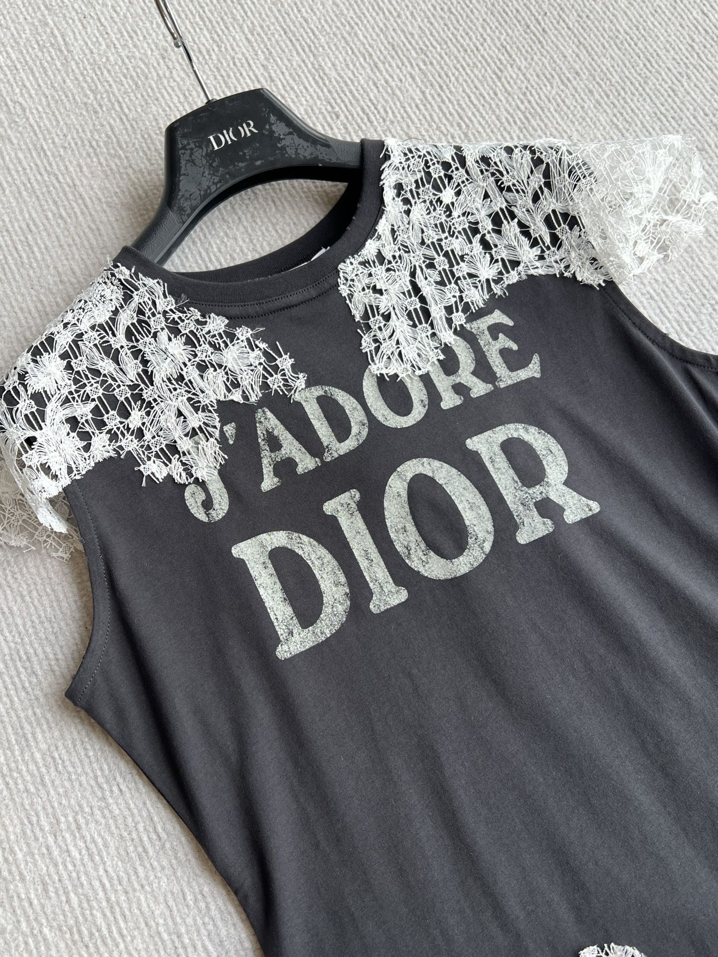 CD 26ss J'Adore Lace-Trimmed T-Shirt Black White in Cotton 376511