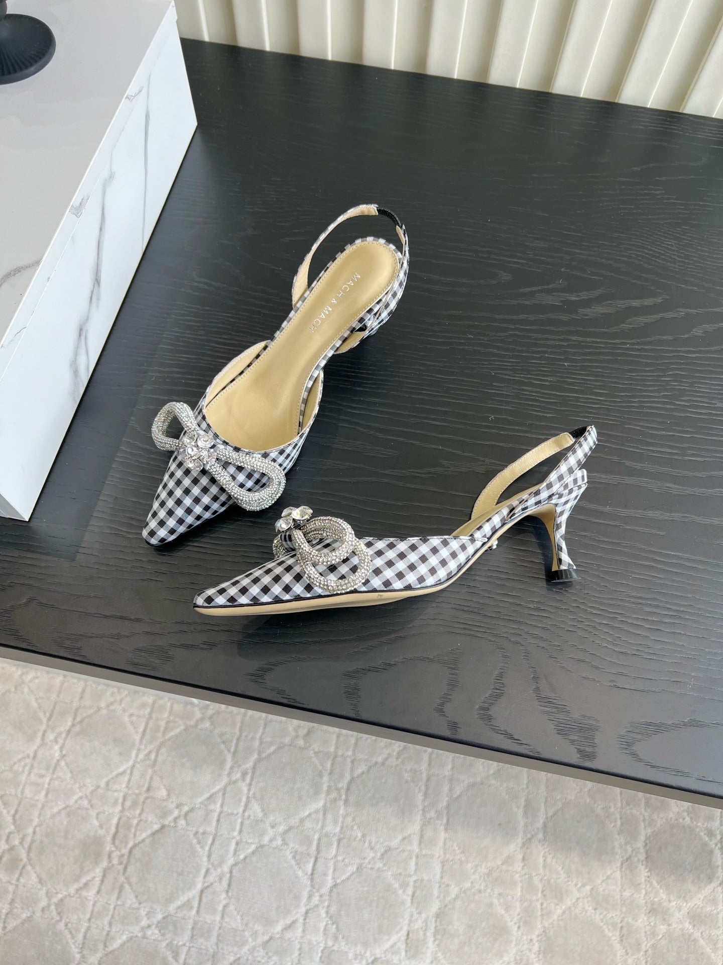 Mach Gingham Bow Slingback Pumps Black White Fabric 851908