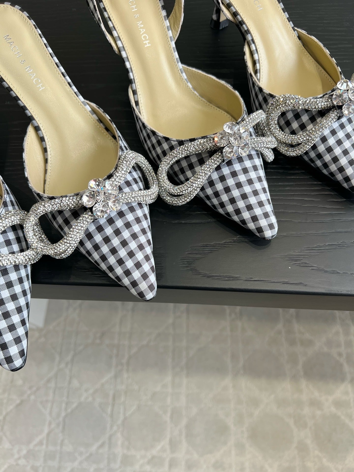 Mach Gingham Bow Slingback Pumps Black White Fabric 851908