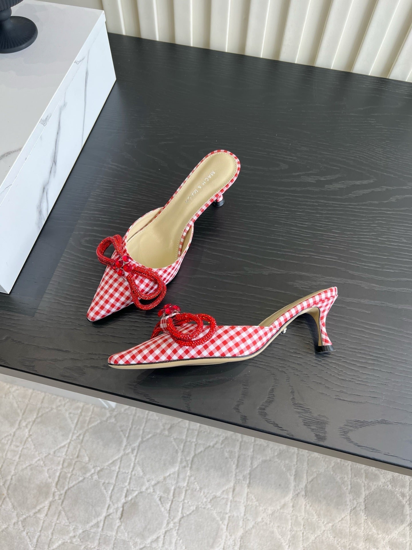 Mach Gingham Bow Slingback Pumps Red White Fabric 851905