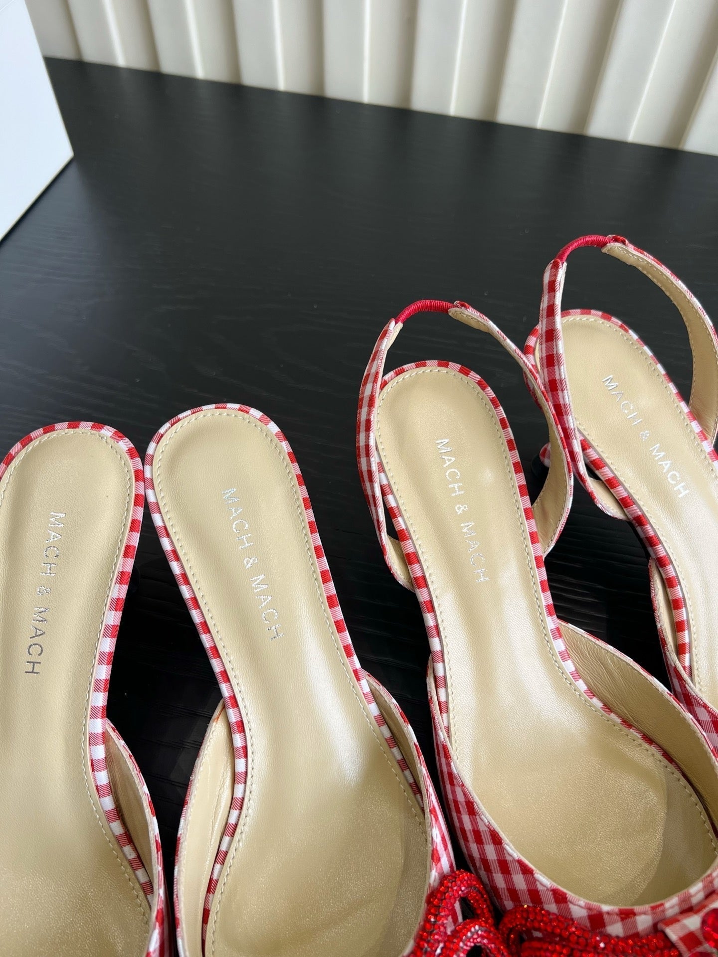 Mach Gingham Bow Slingback Pumps Red White Fabric 851905