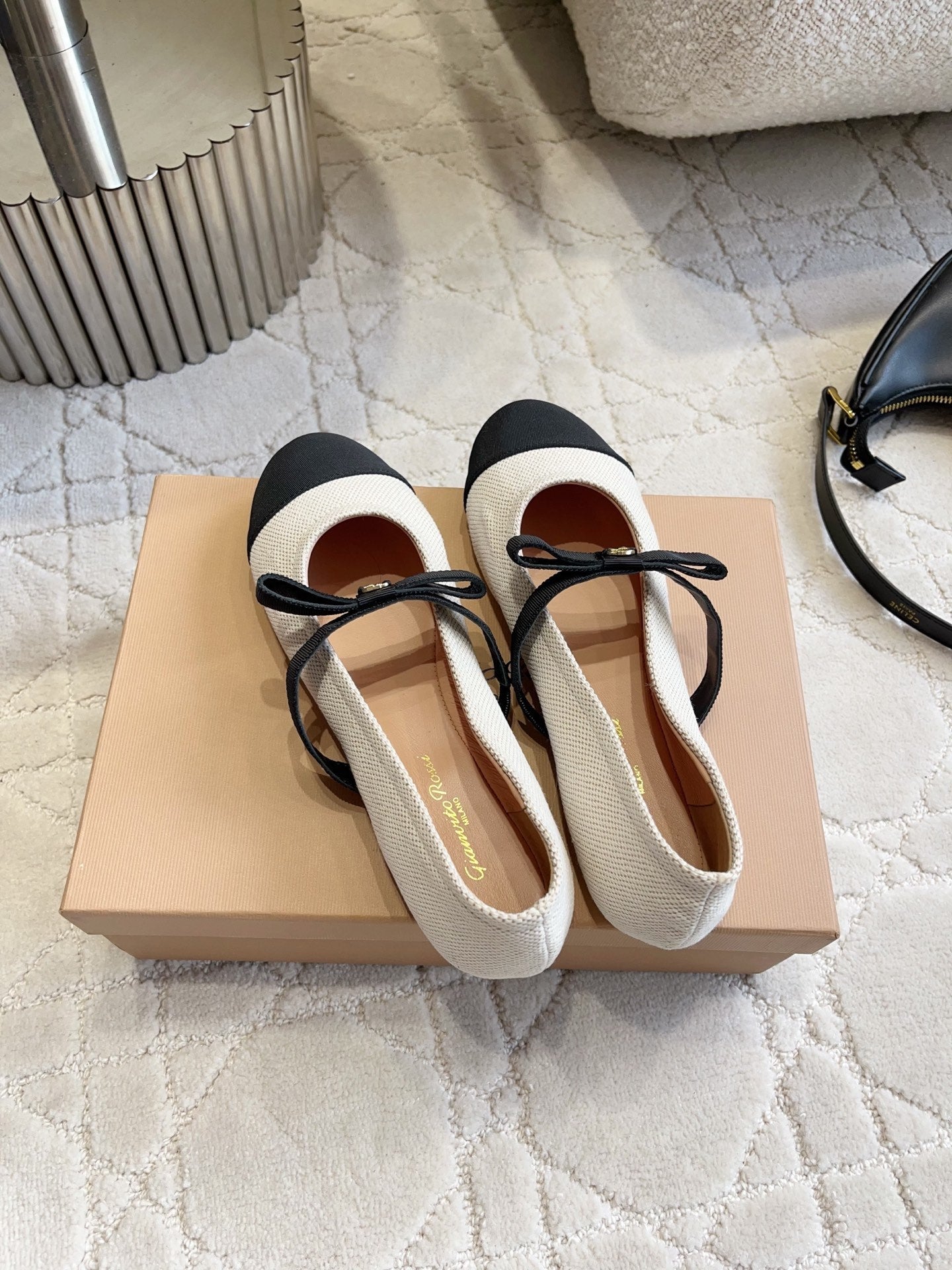 GR Mary Jane Flats Black Cream Lambskin & Fabric 851888