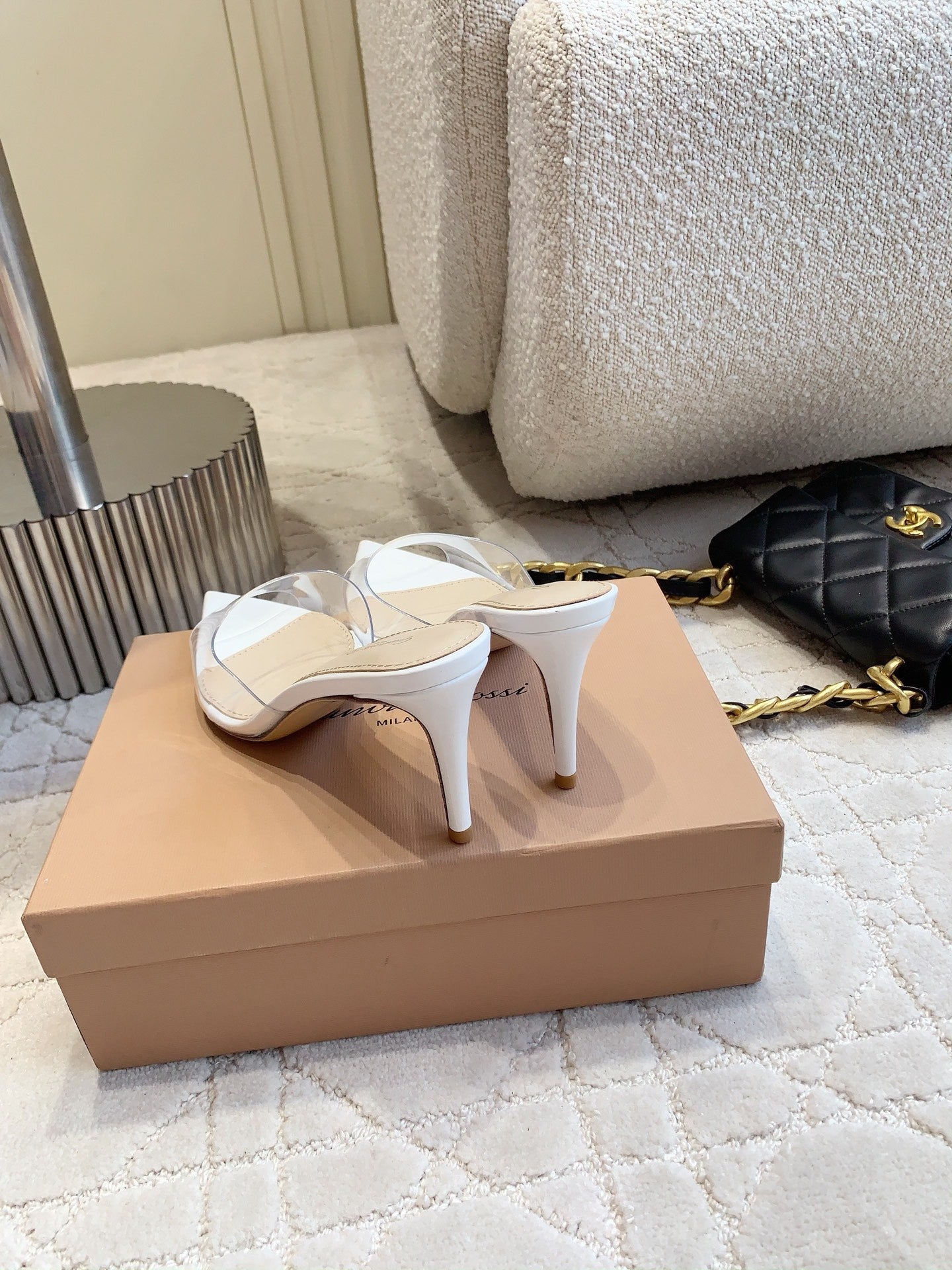 GR Pointed-Toe Mule Sandals 8.5cm White Patent Cowhide & PVC 854877