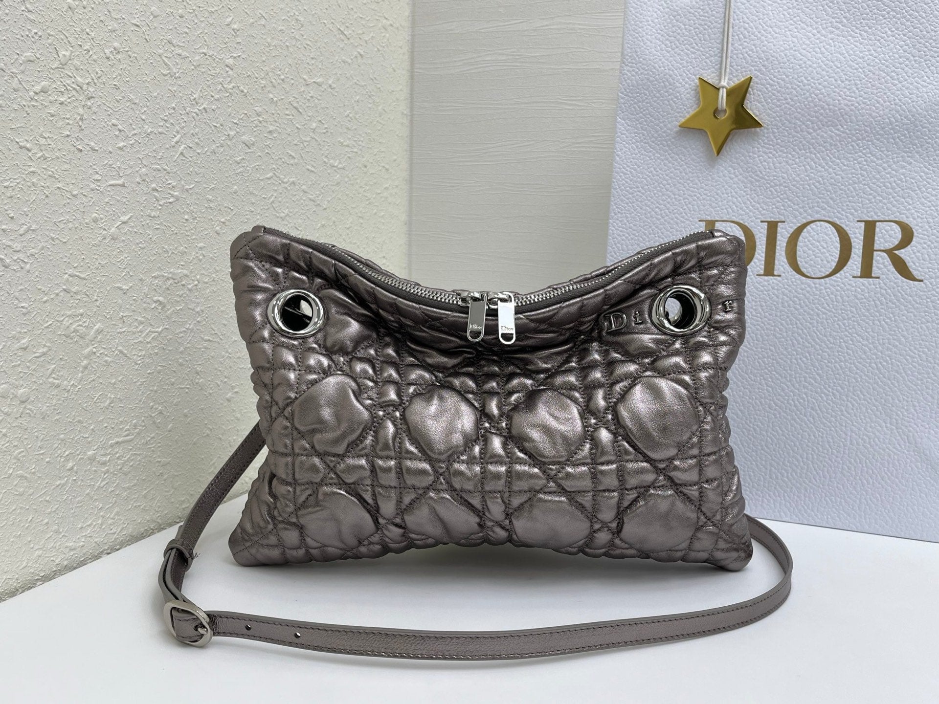 CD Small Cannage Quilted Tote Bag Silver Metallic Cowhide 158105