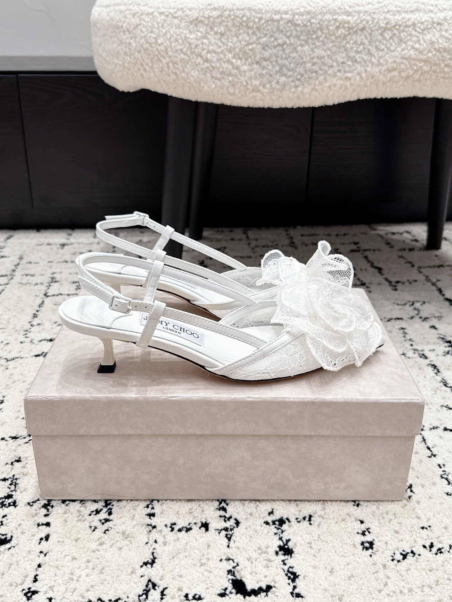 JC Mimmi Slingback Pumps Floral Appliqué 5.5cm White Lace 858433