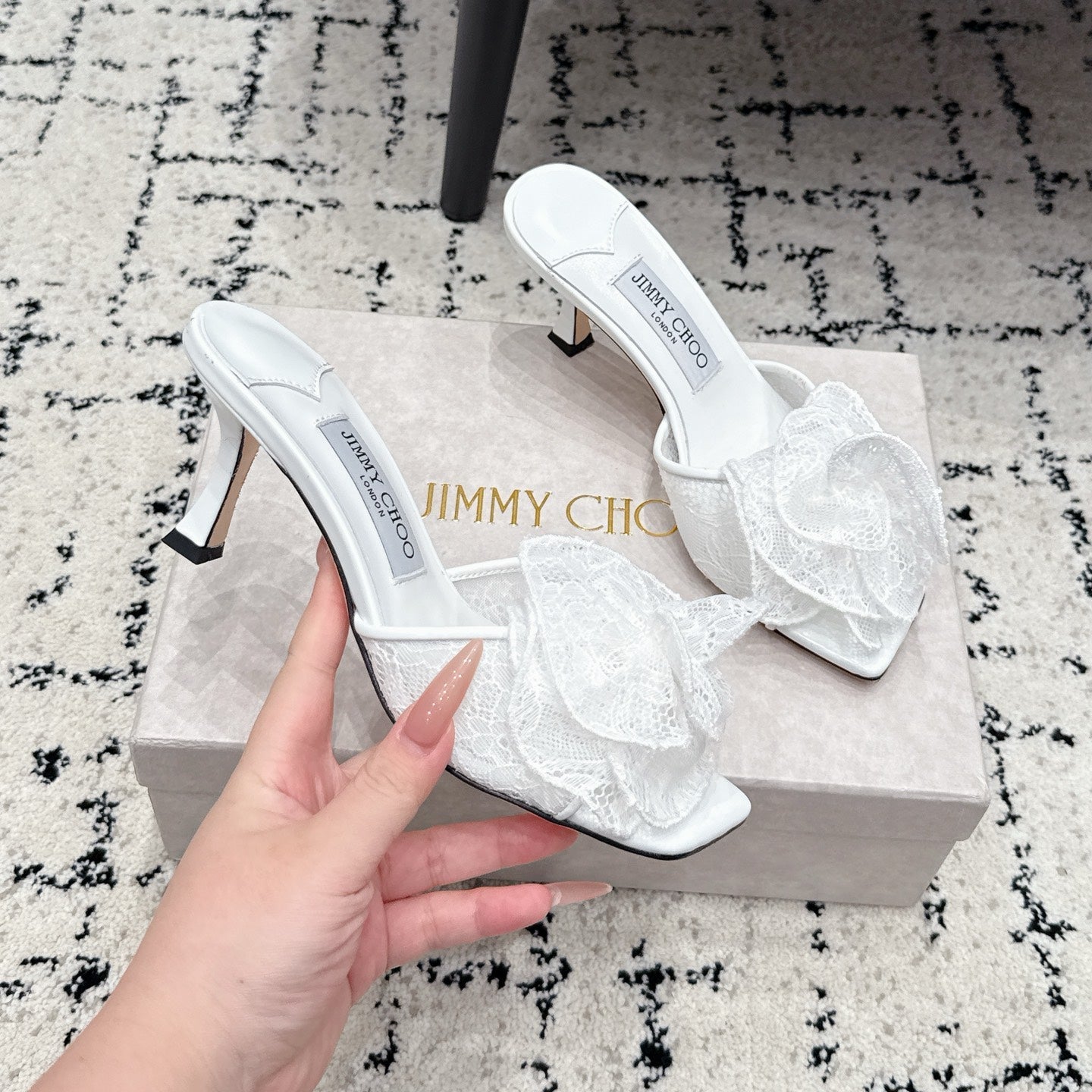 JC 26SS Floral Appliqué Mules 6.5cm White Lace 858429