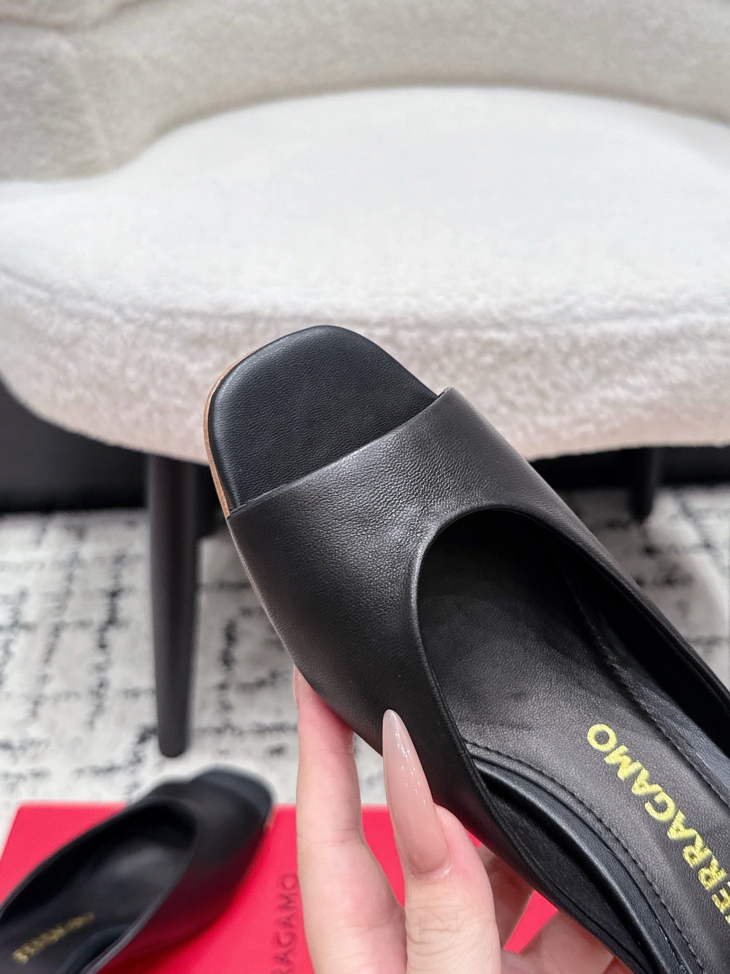 FG 26SS Logo Peep Toe Mules 5.5cm Black Lambskin 858414