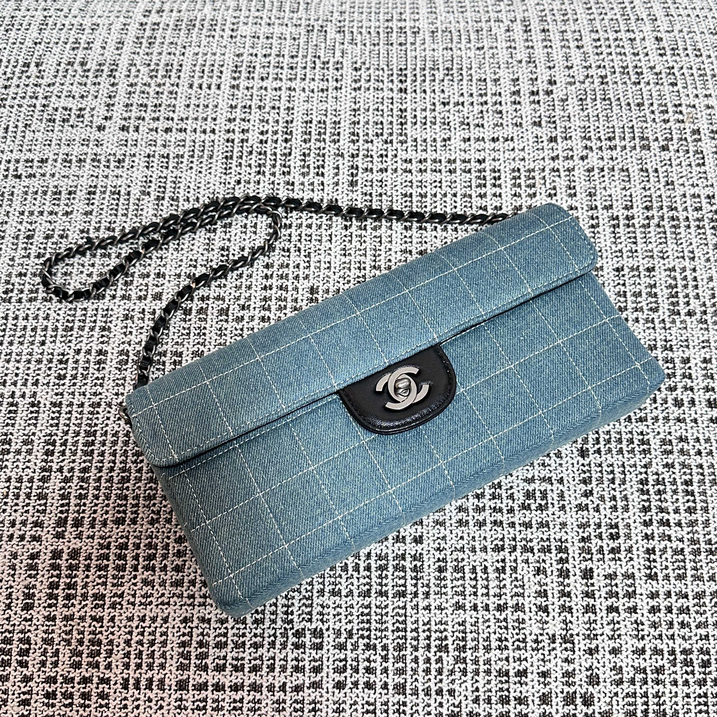 CC East-West Flap Bag 26cm Blue Plaid Denim