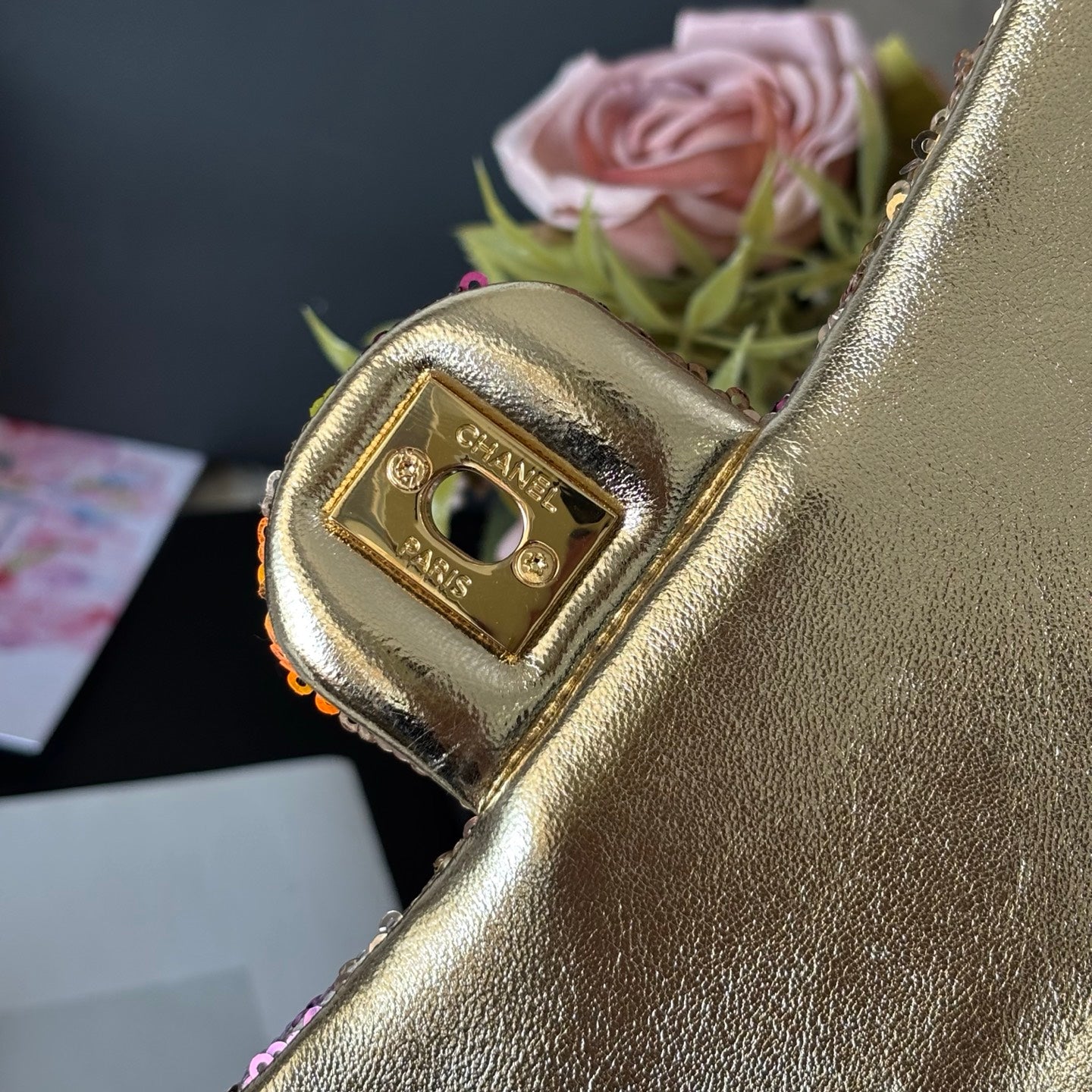 CC Flap Bag Floral 20cm Beige Multicolor Sequin Leather GHW 158377