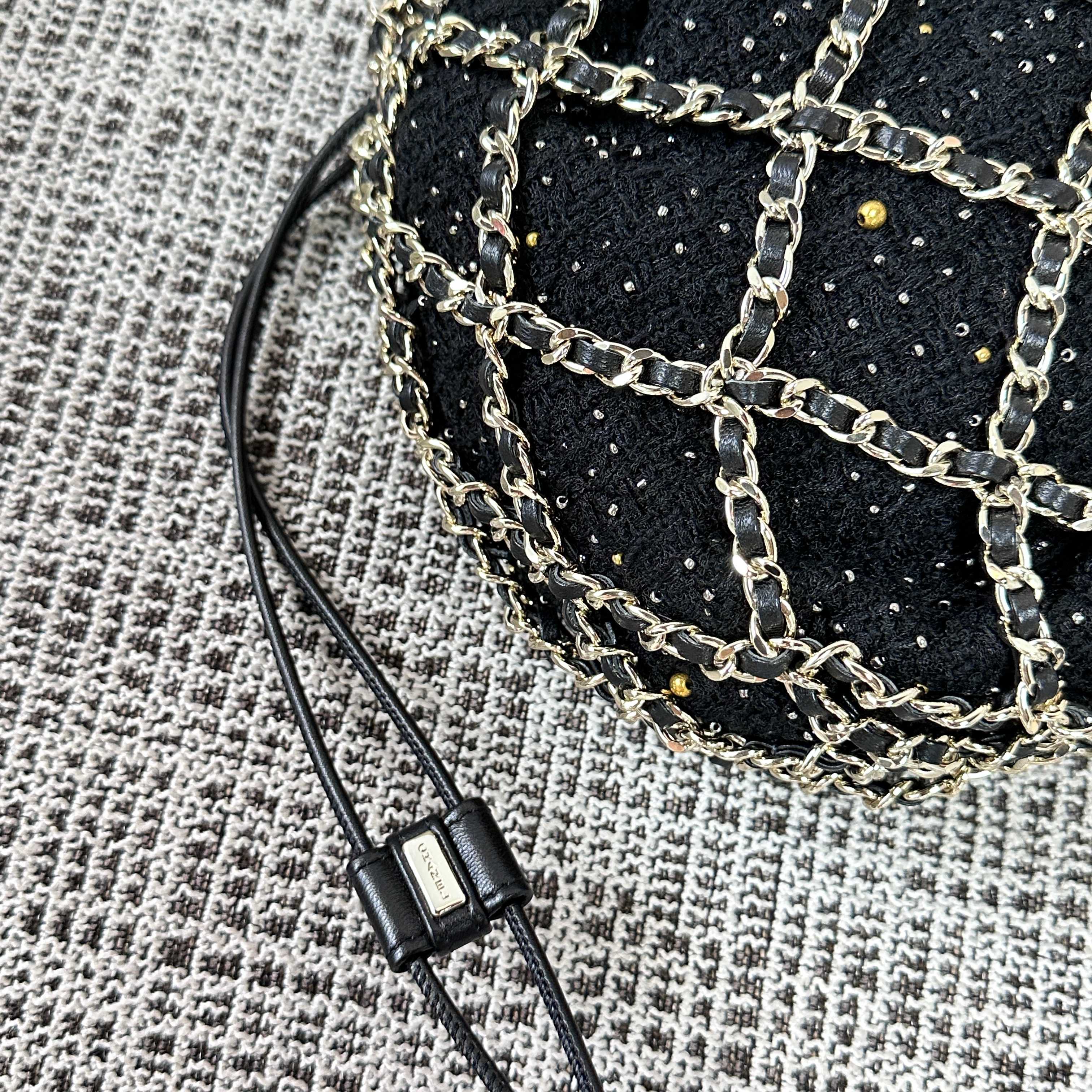 CC 21PF Chain Link Net Bag Drawstring Black Tweed Lambskin & Chain