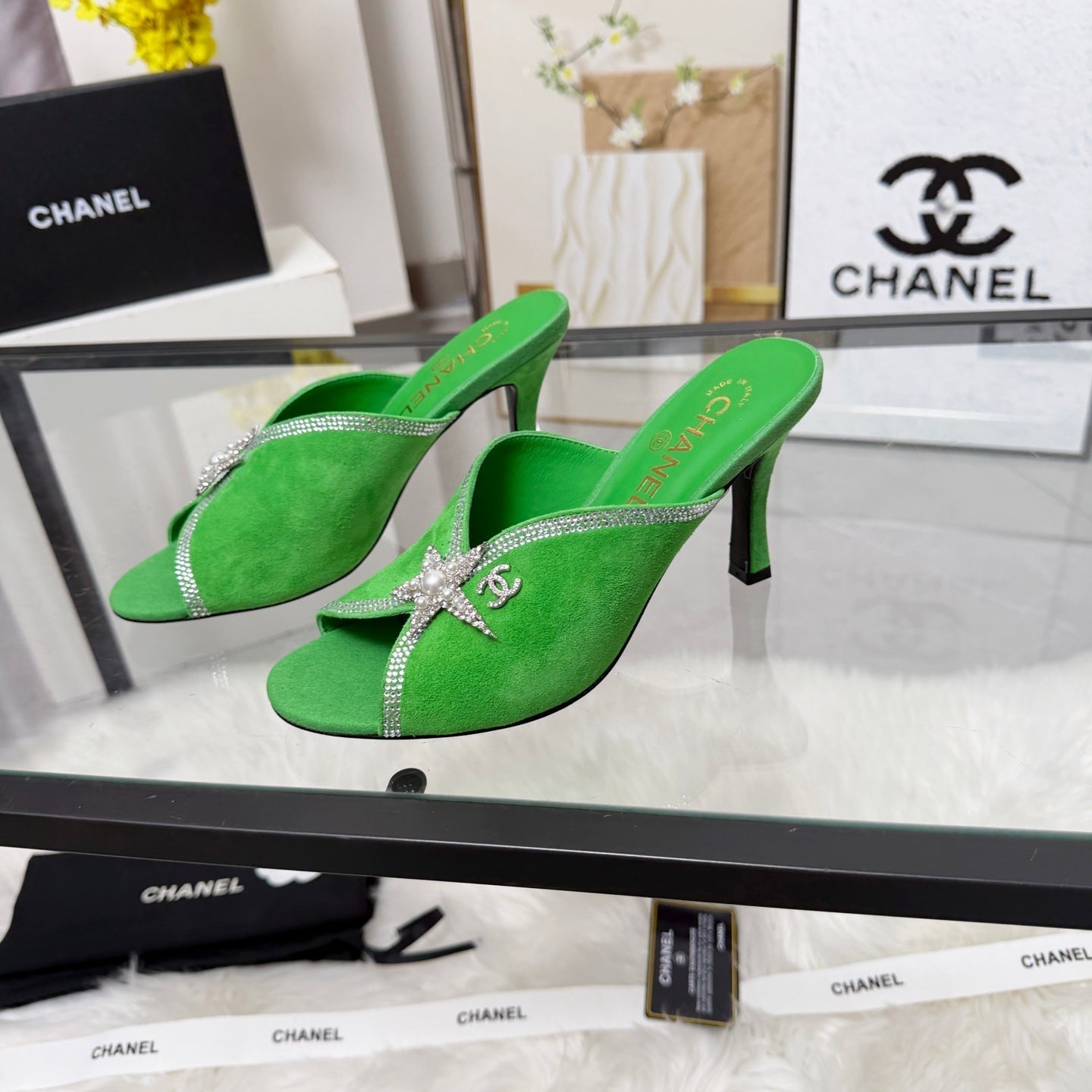 CC Star Brooch Mules Green Cashmere Leather 872820