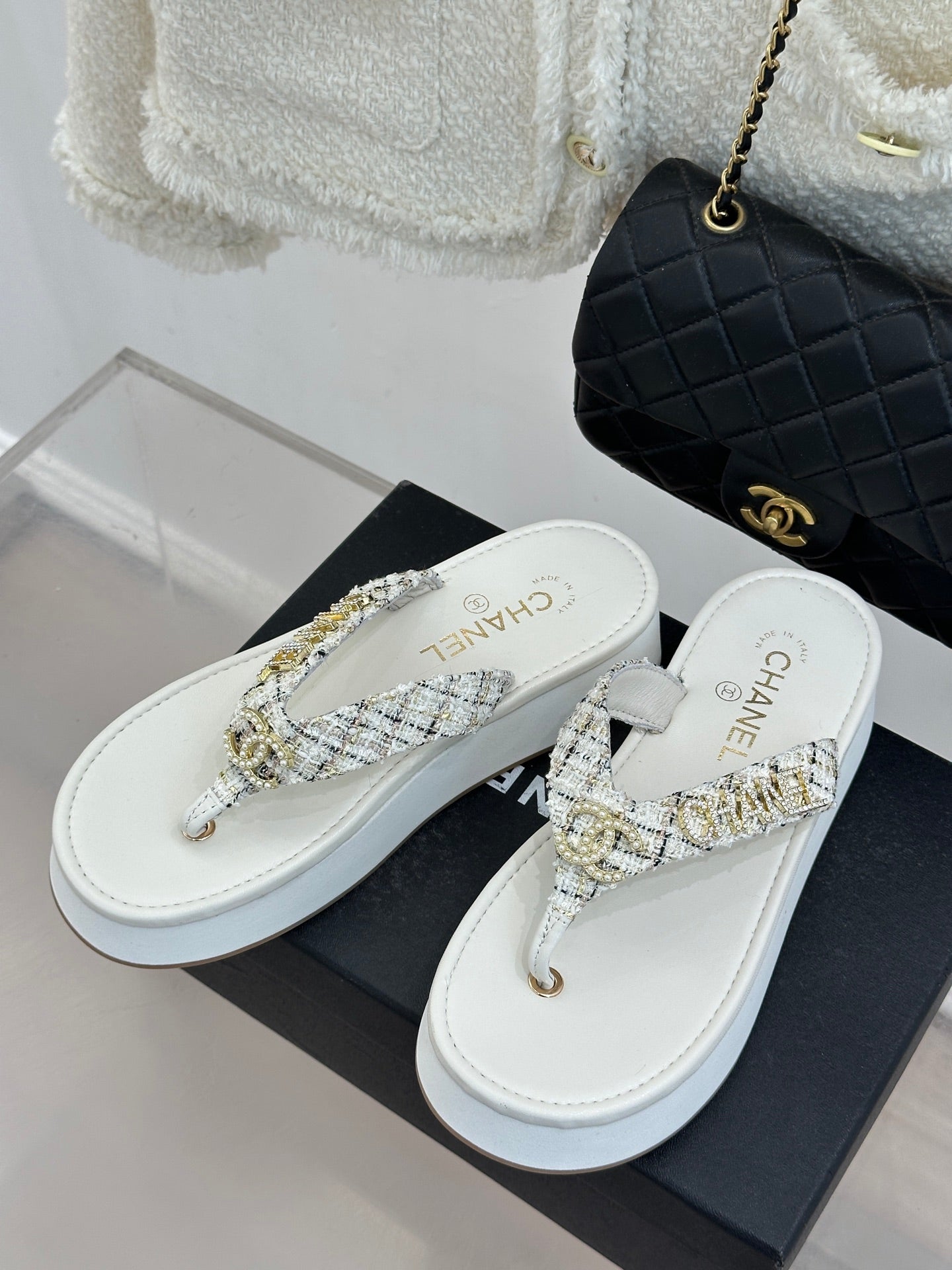 CC Crystal Logo Platform Thong Sandals White Tweed 887787