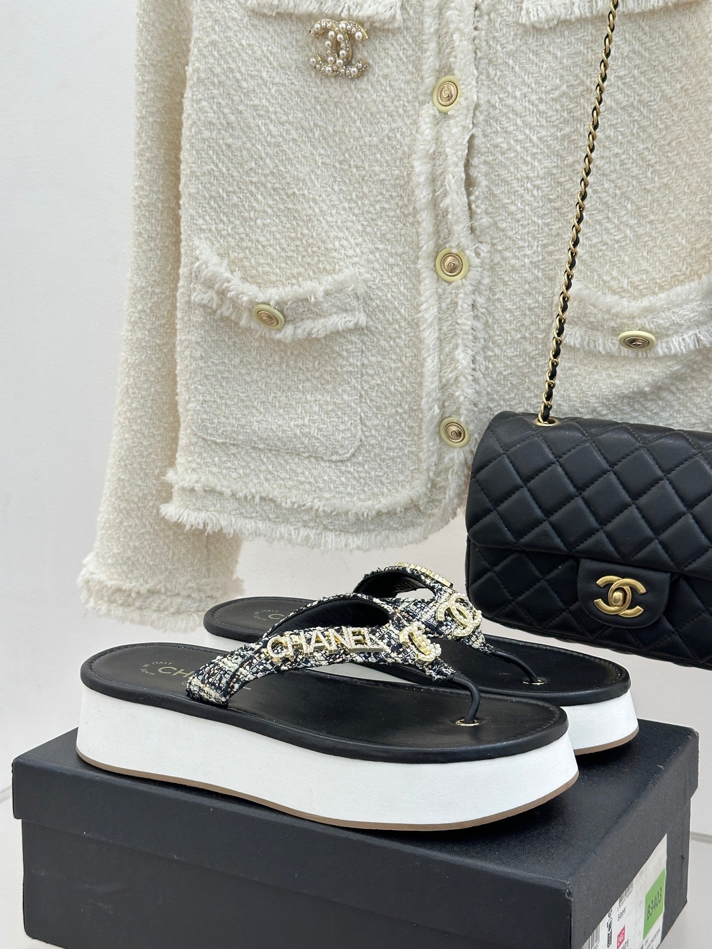 CC Crystal Logo Platform Thong Sandals Black Tweed 887786