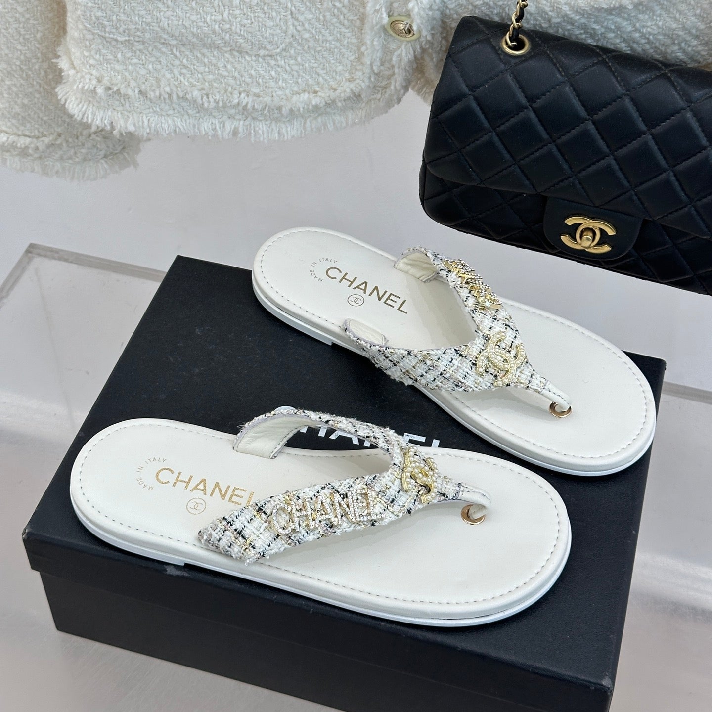 CC Crystal Logo Platform Thong Sandals Flat White Tweed 887779