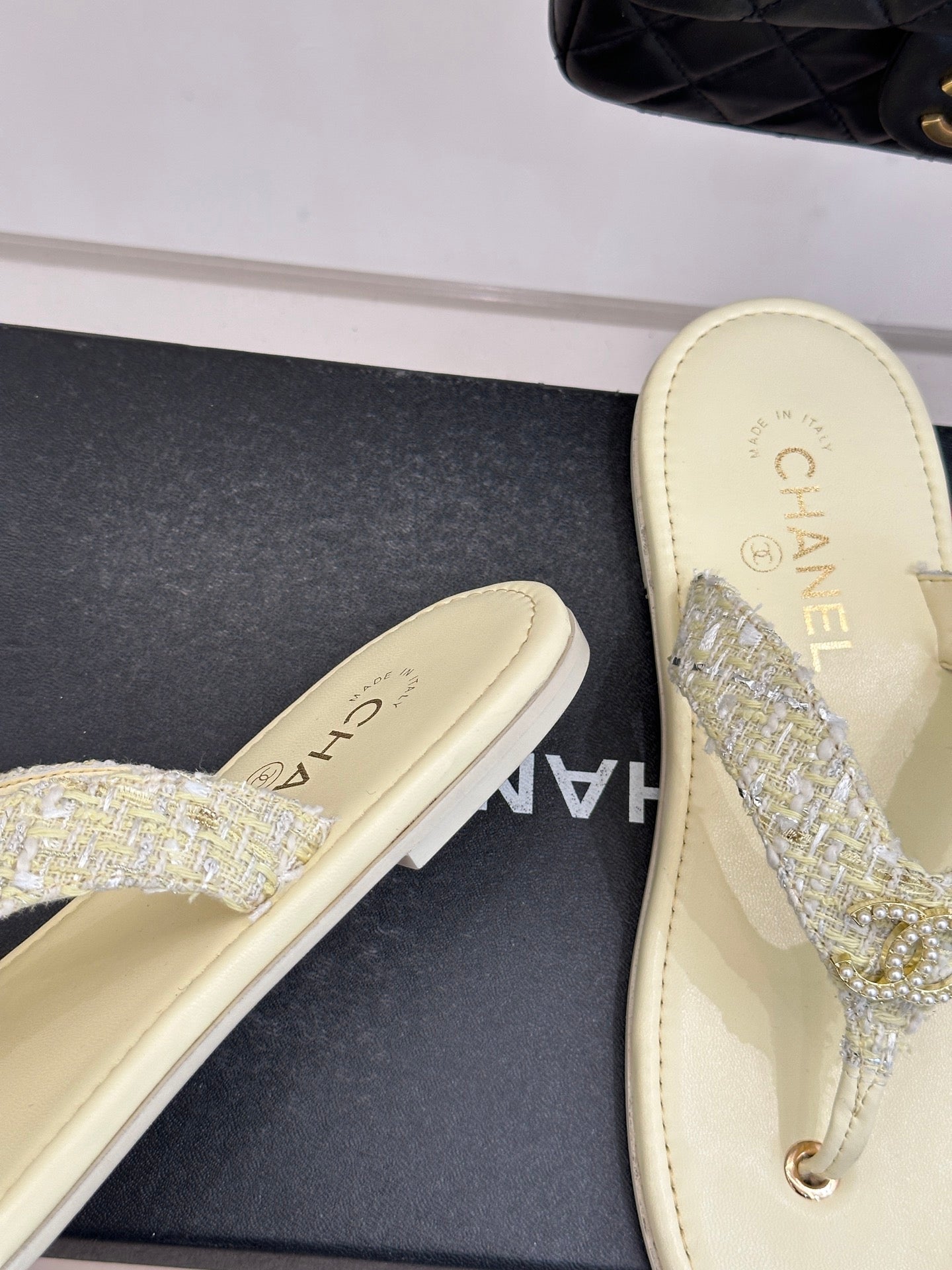 CC Crystal Logo Platform Thong Sandals Flat Light Yellow Tweed 887778