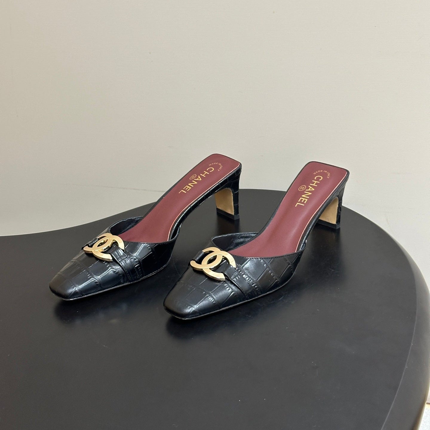 CC 26A Square Toe Mules 6cm Black Patent Embossed Leather 888047