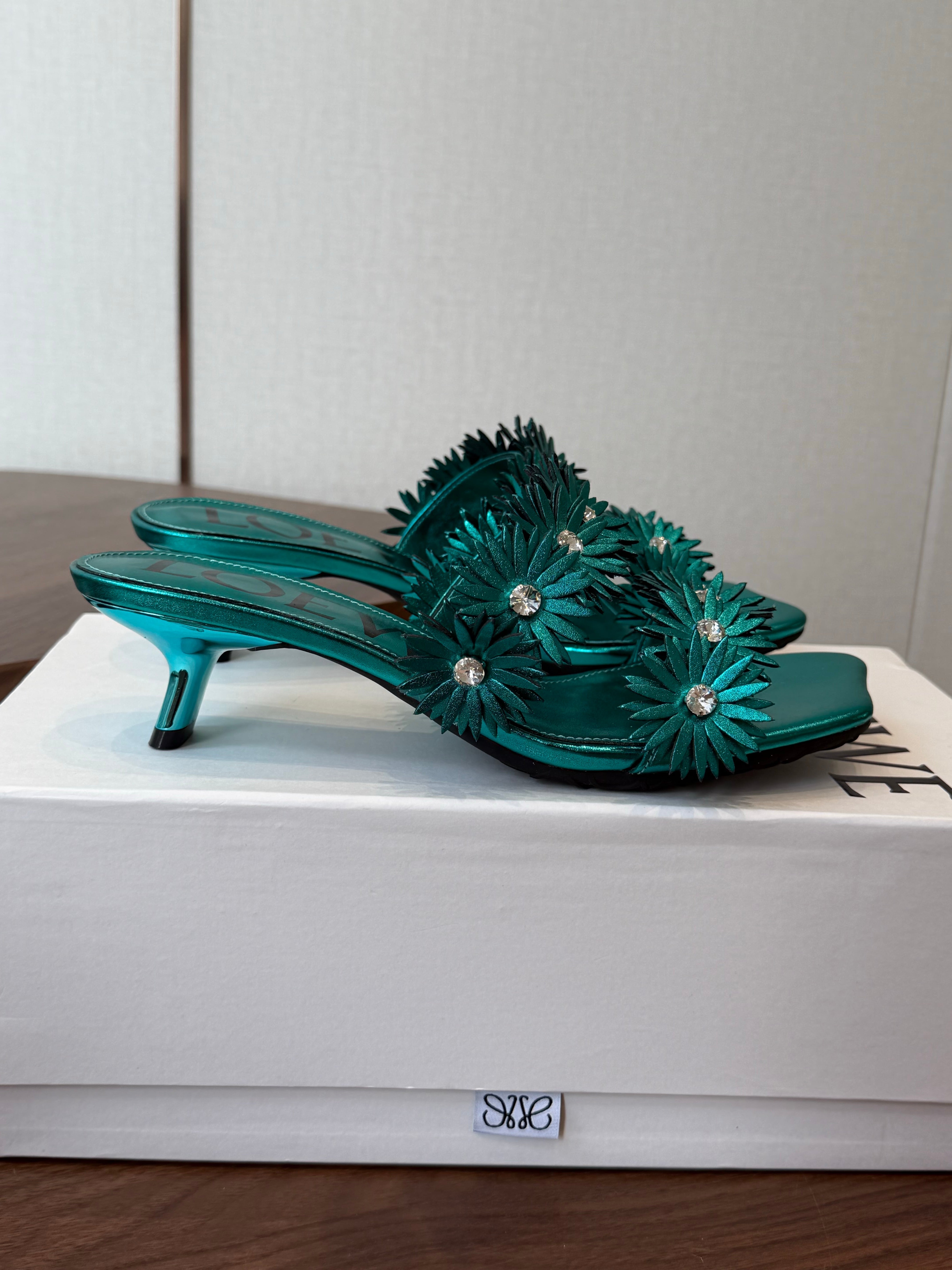 Loew Paula's Ibiza Petal Flower Sandals Metallic Turquoise Leather 889901