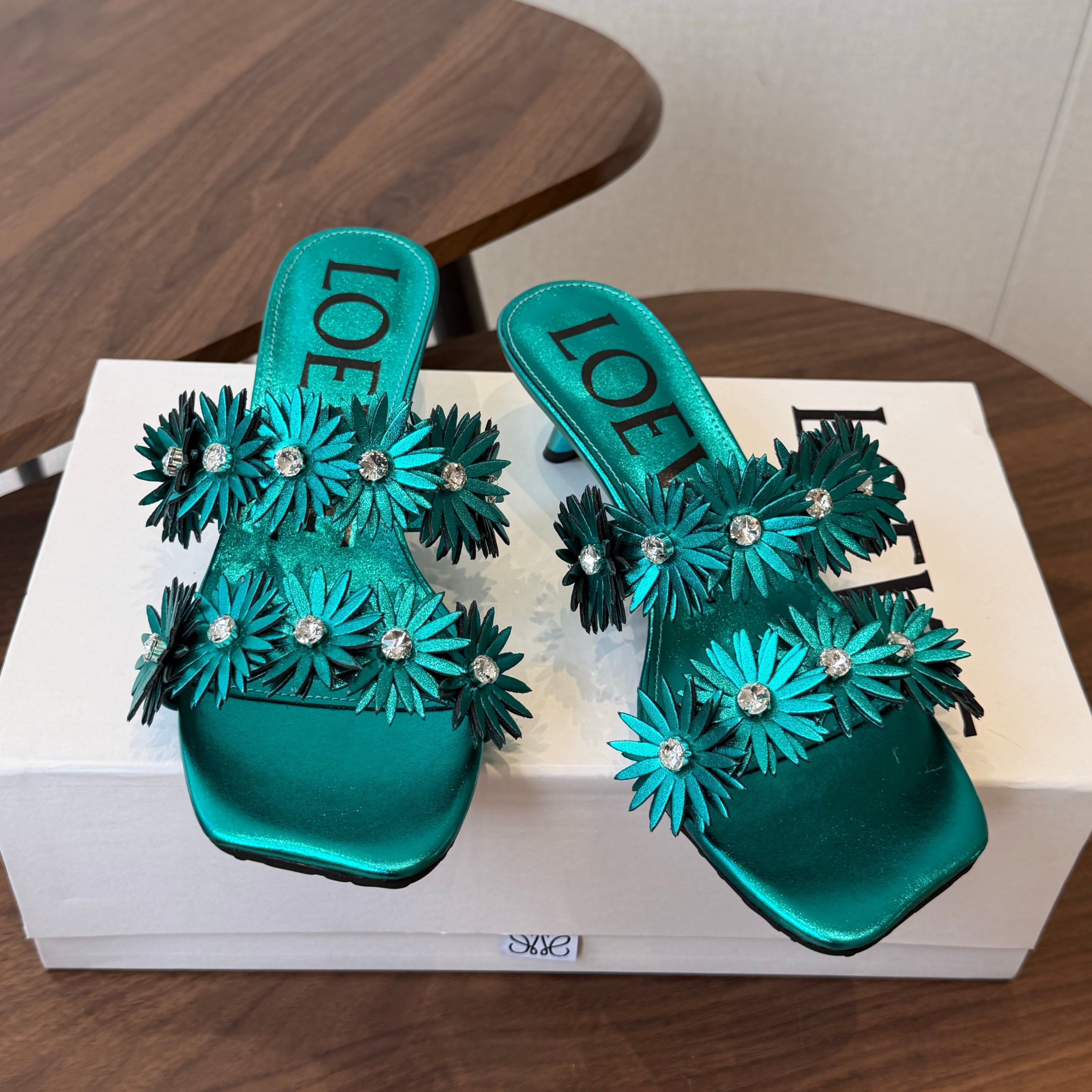 Loew Paula's Ibiza Petal Flower Sandals Metallic Turquoise Leather 889901