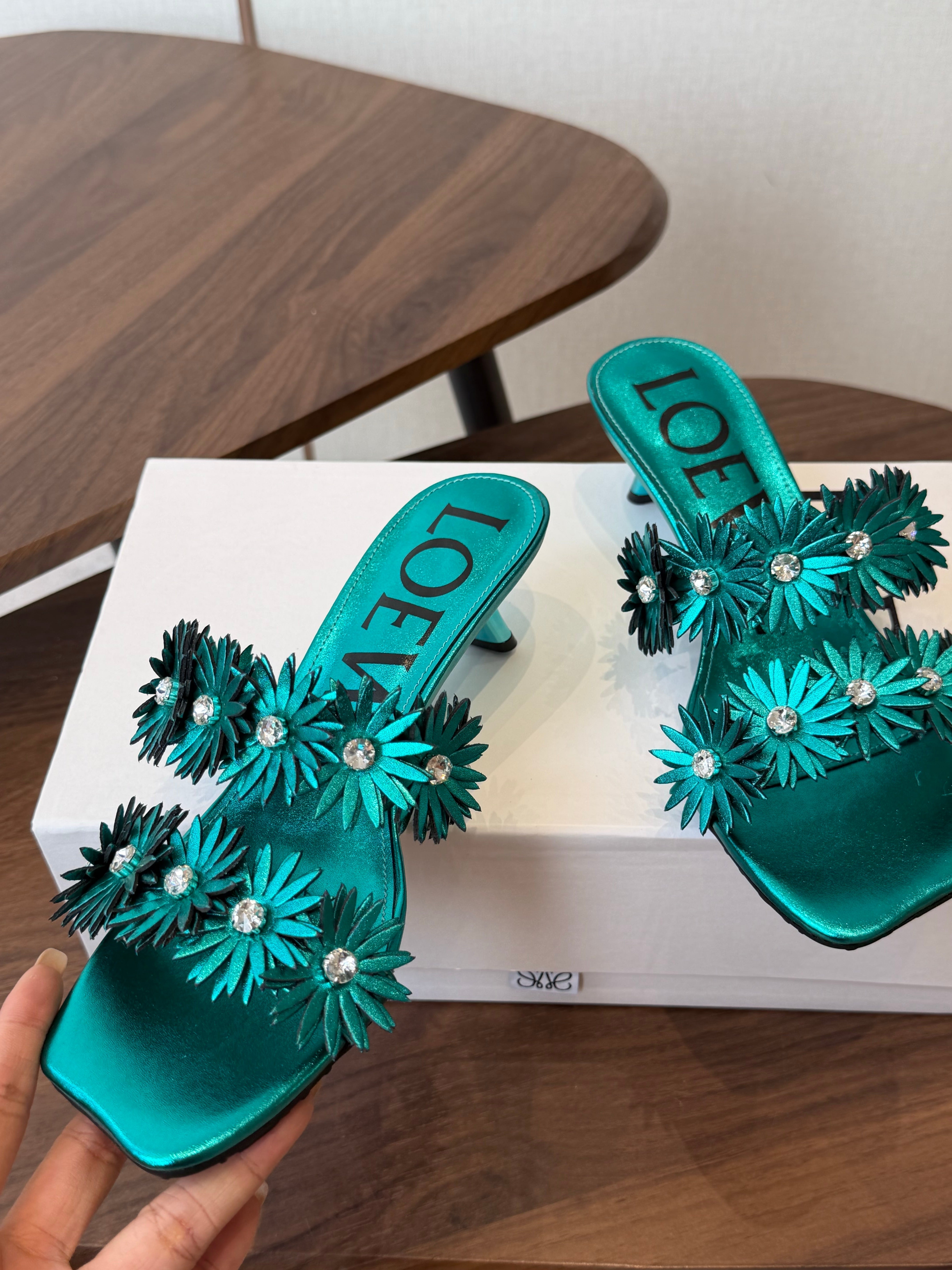 Loew Paula's Ibiza Petal Flower Sandals Metallic Turquoise Leather 889901