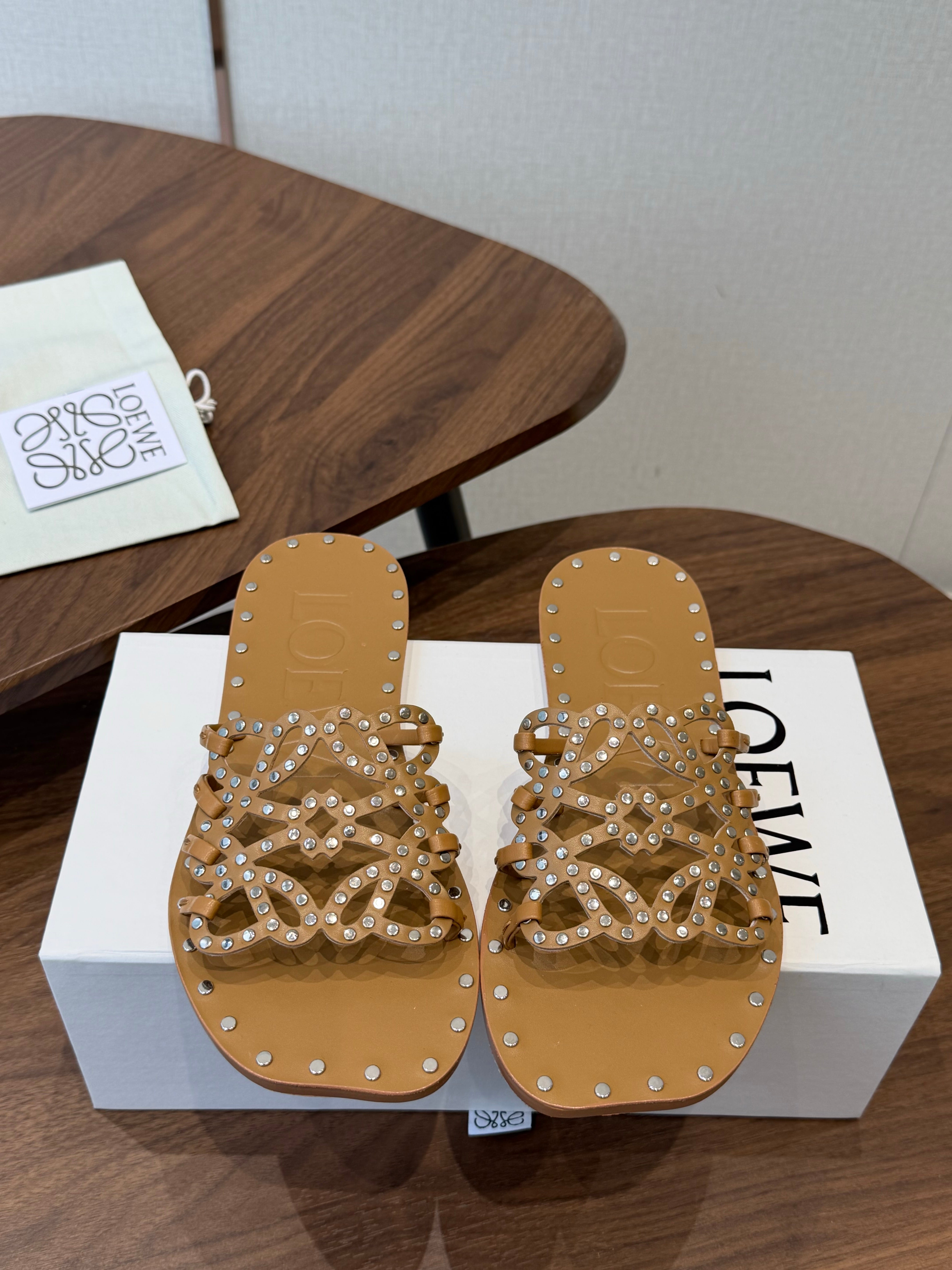 Loew Studded Square Toe Flat Slides Camel Leather 889889