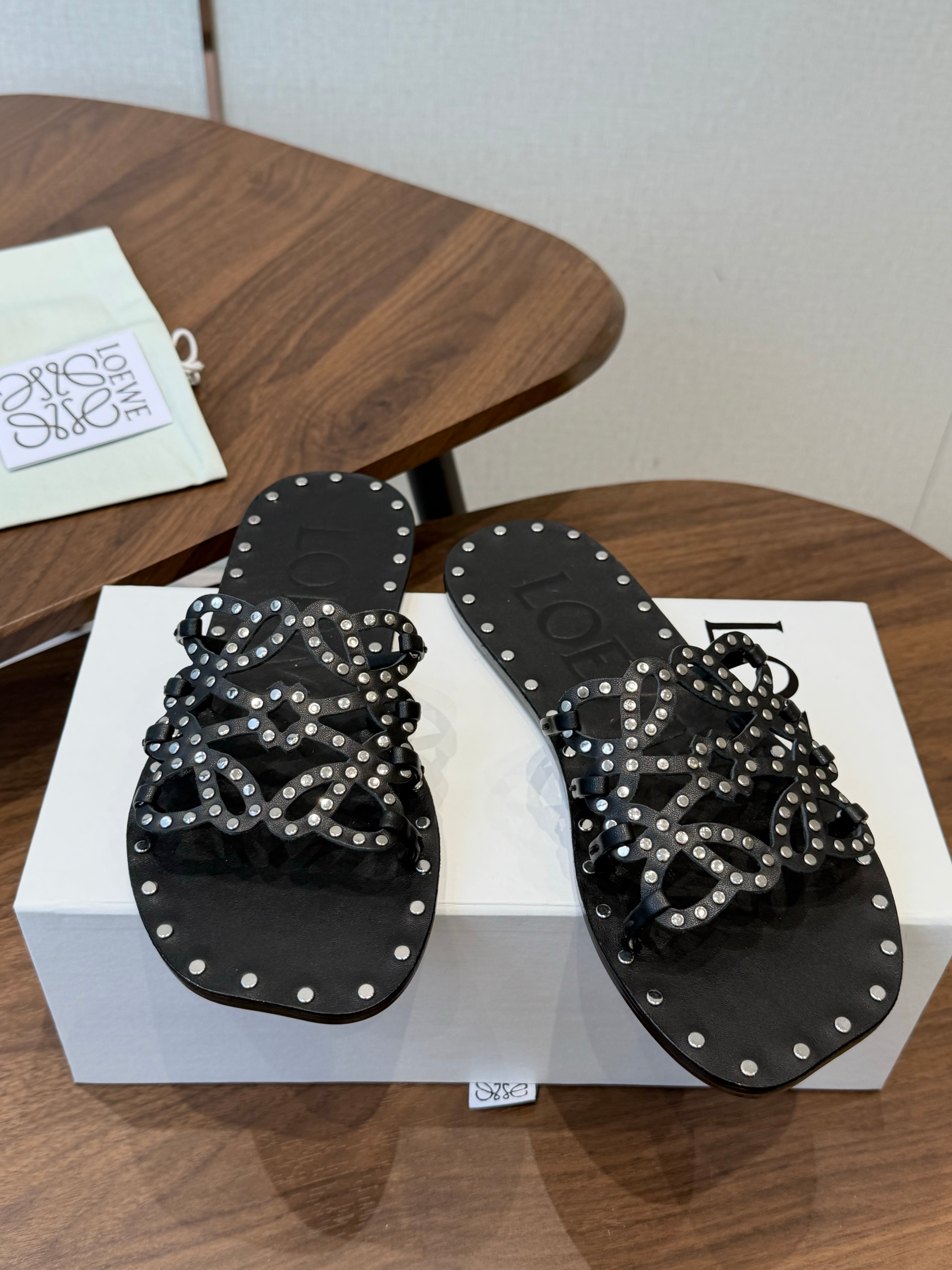 Loew Studded Square Toe Flat Slides Black Leather 889888