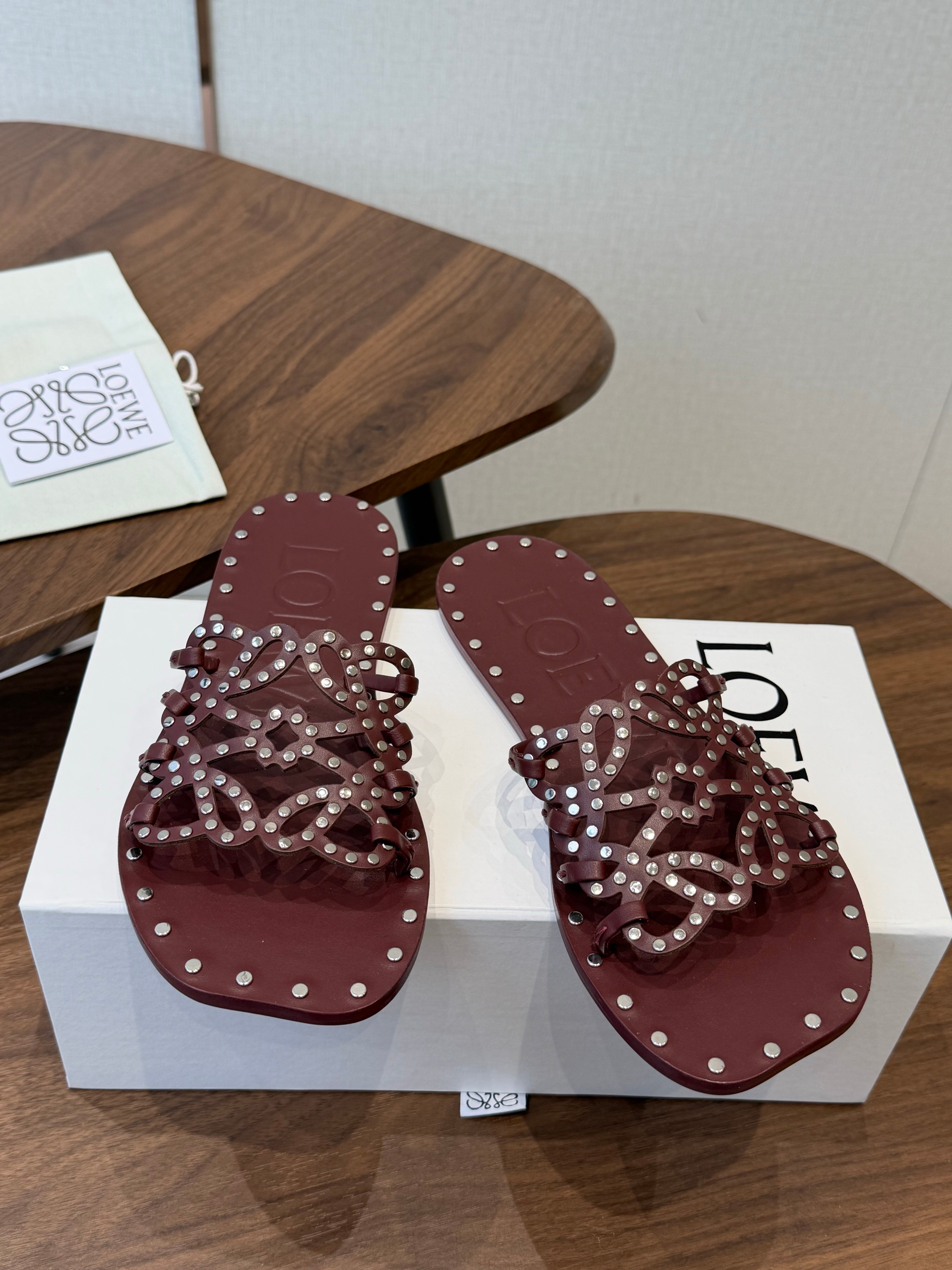 Loew Studded Square Toe Flat Slides Burgundy Leather 889886