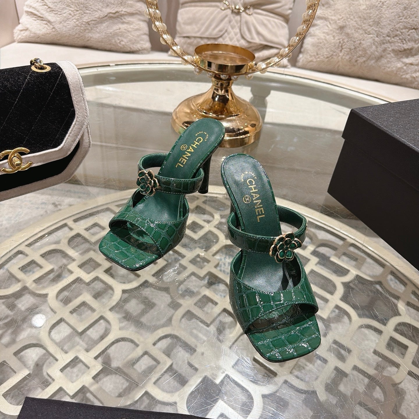 CC 26A Camellia Double C Square Toe Mules 10cm Green Stone-Grain Cowhide 890674