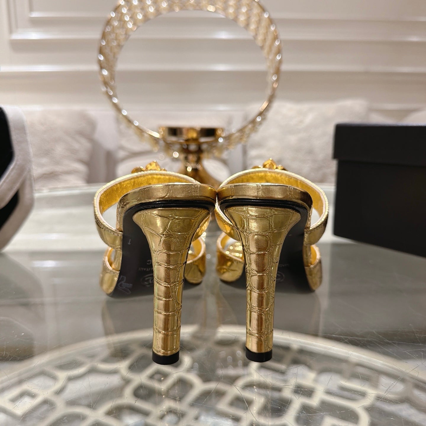CC 26A Camellia Double C Square Toe Mules 10cm Gold Stone-Grain Cowhide 890672