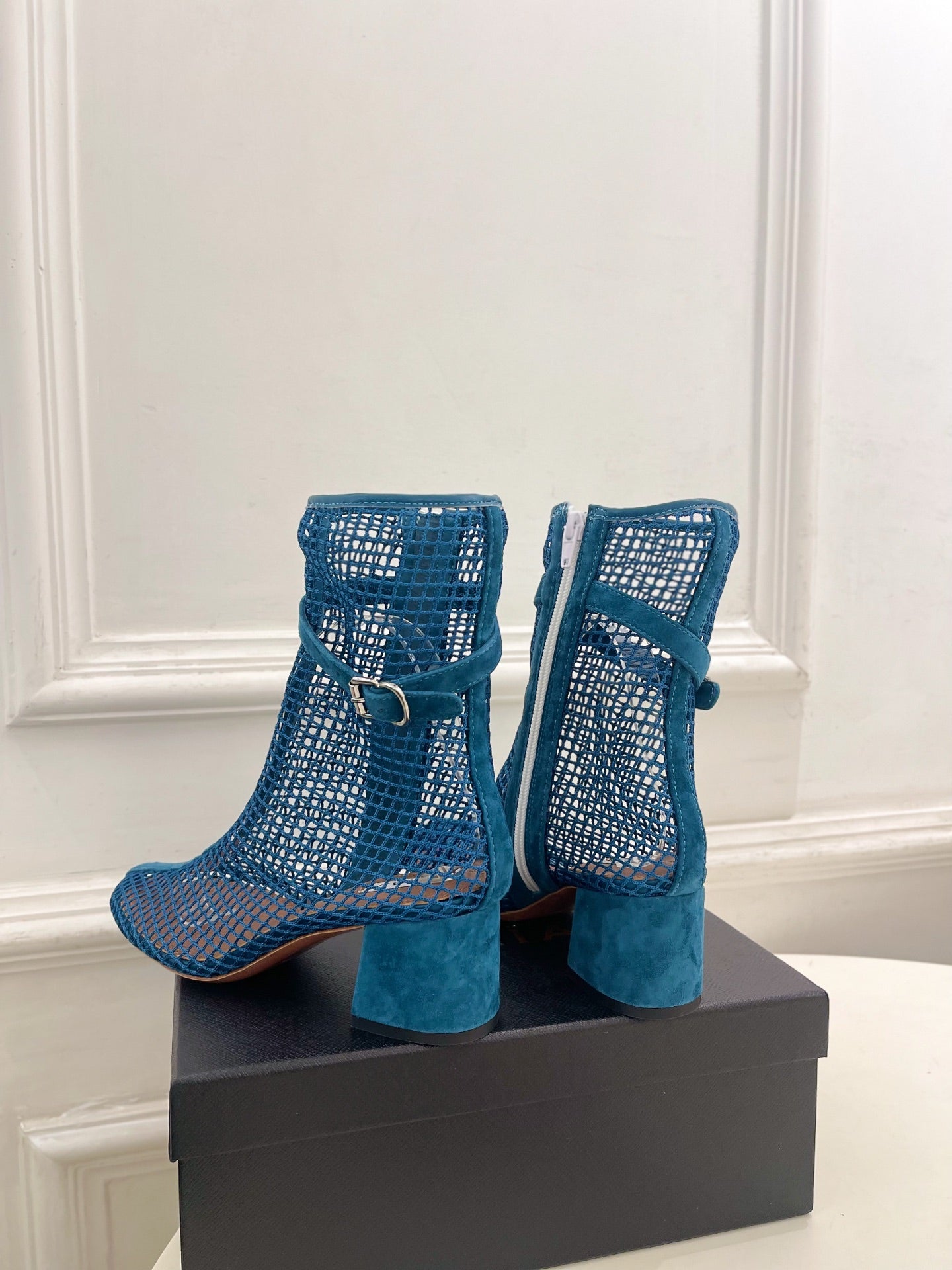 Alaia Boots 5.5cm Fishnet Ankle Boots Dark Blue Mesh Suede 892045