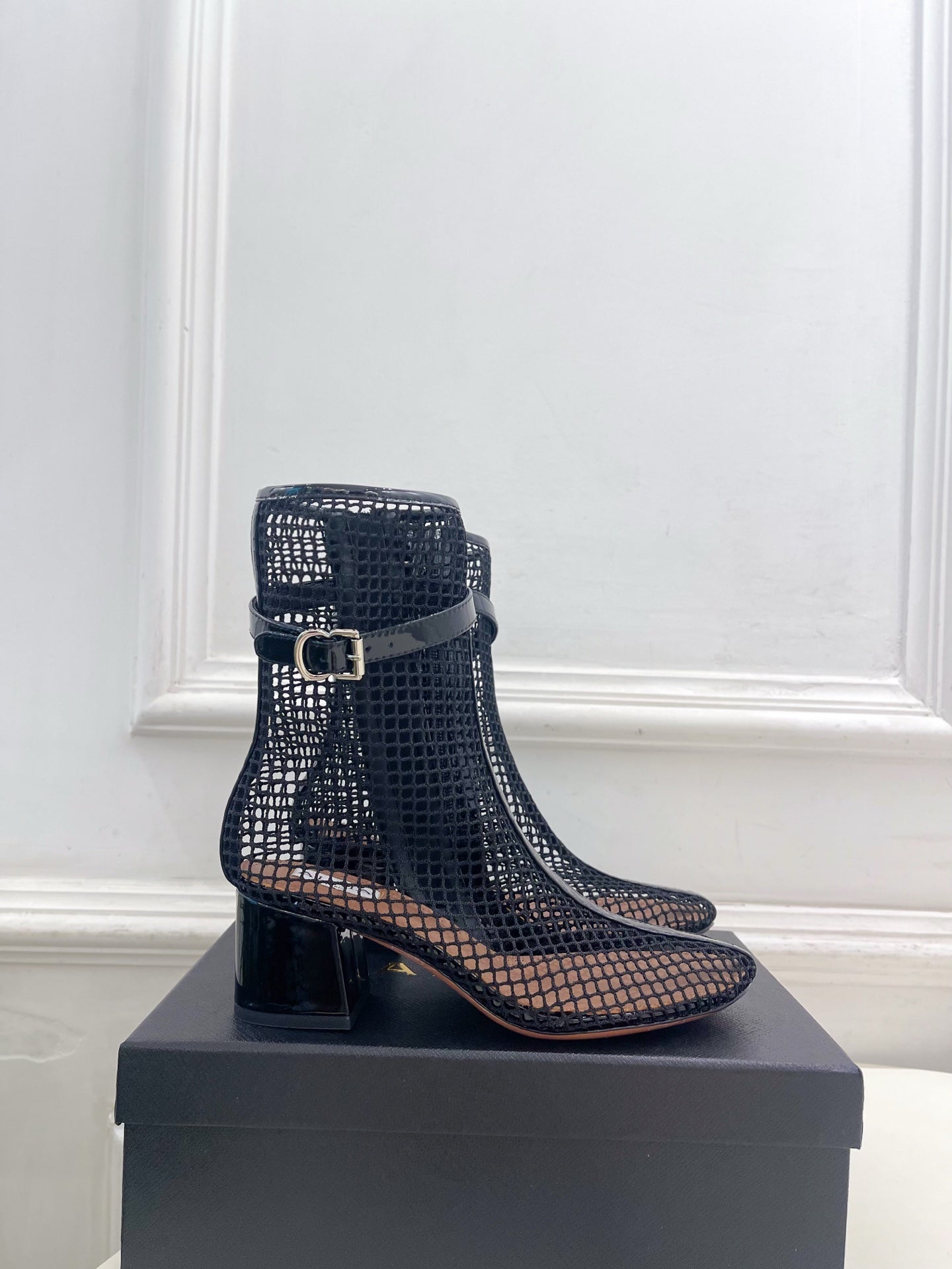Alaia Boots 5.5cm Fishnet Ankle Boots Black Mesh Patent Leather 892042