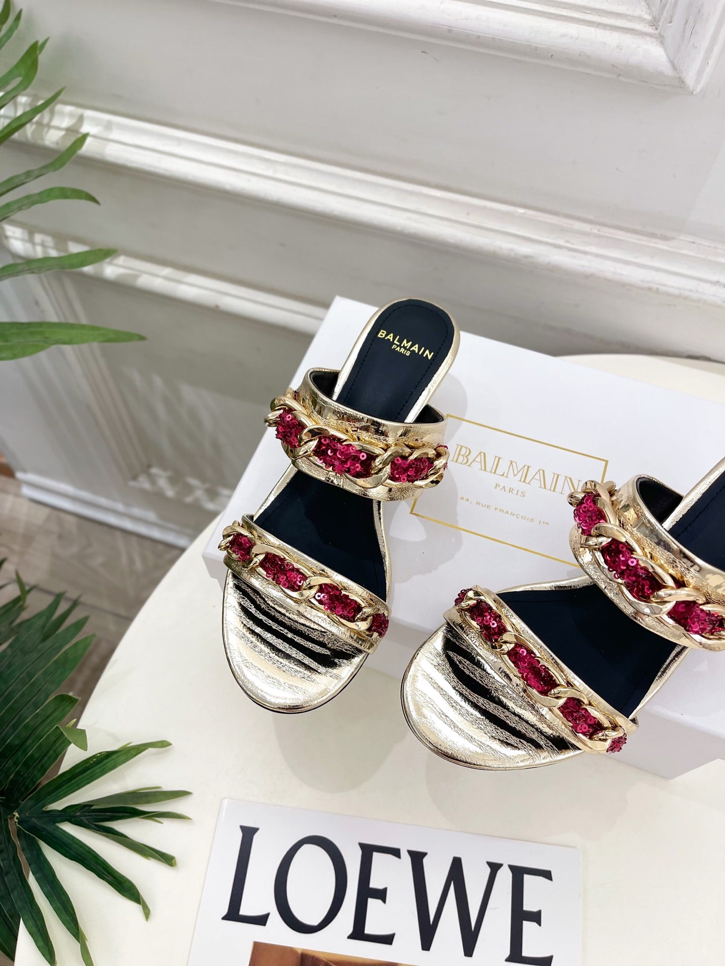 BM Sequin Chain Sandals 5cm Silver Pink Metallic Leather 892299