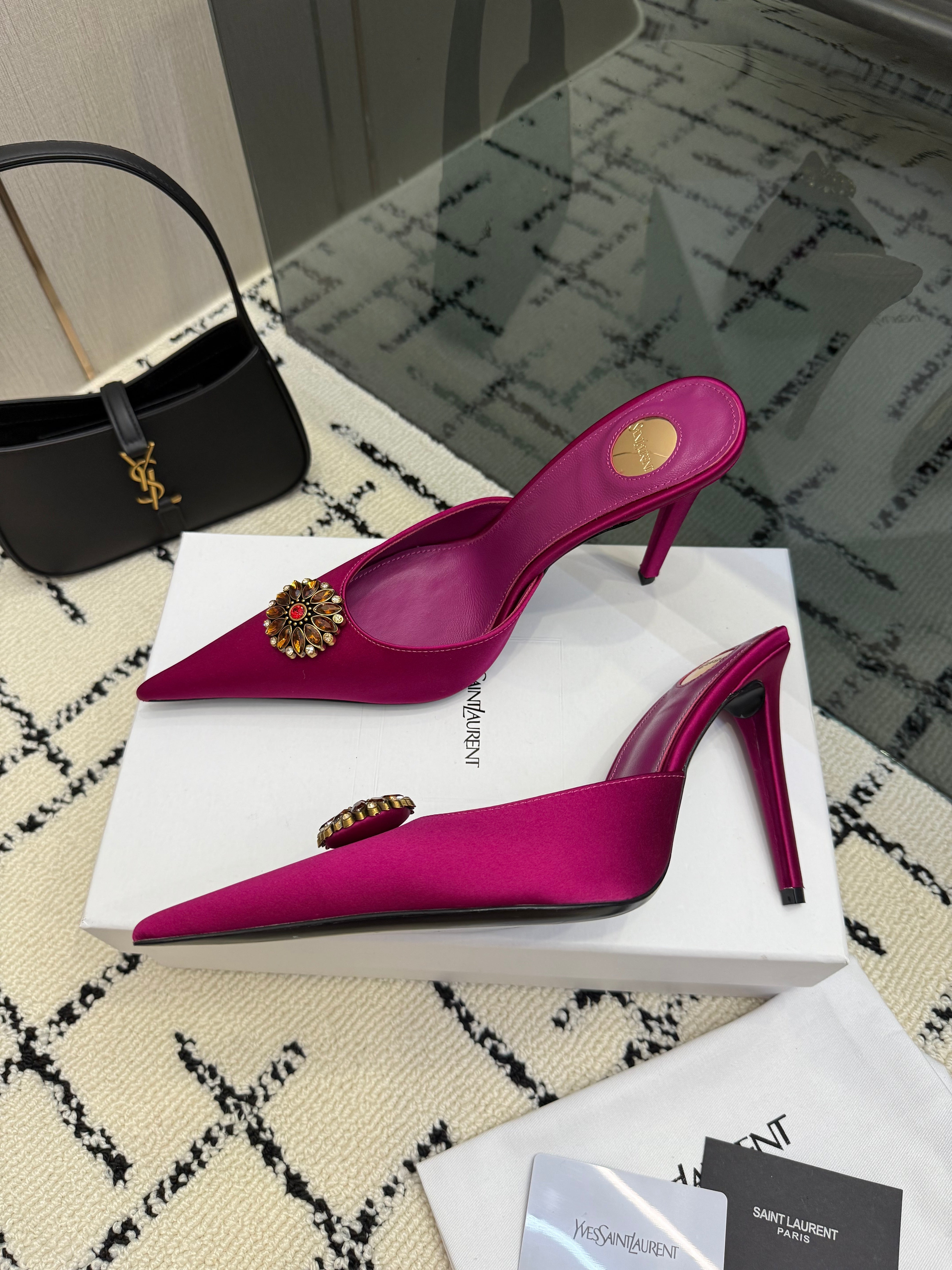 YSL Cosmo Crystal Mules 100mm Pink Calfskin Leather 894618