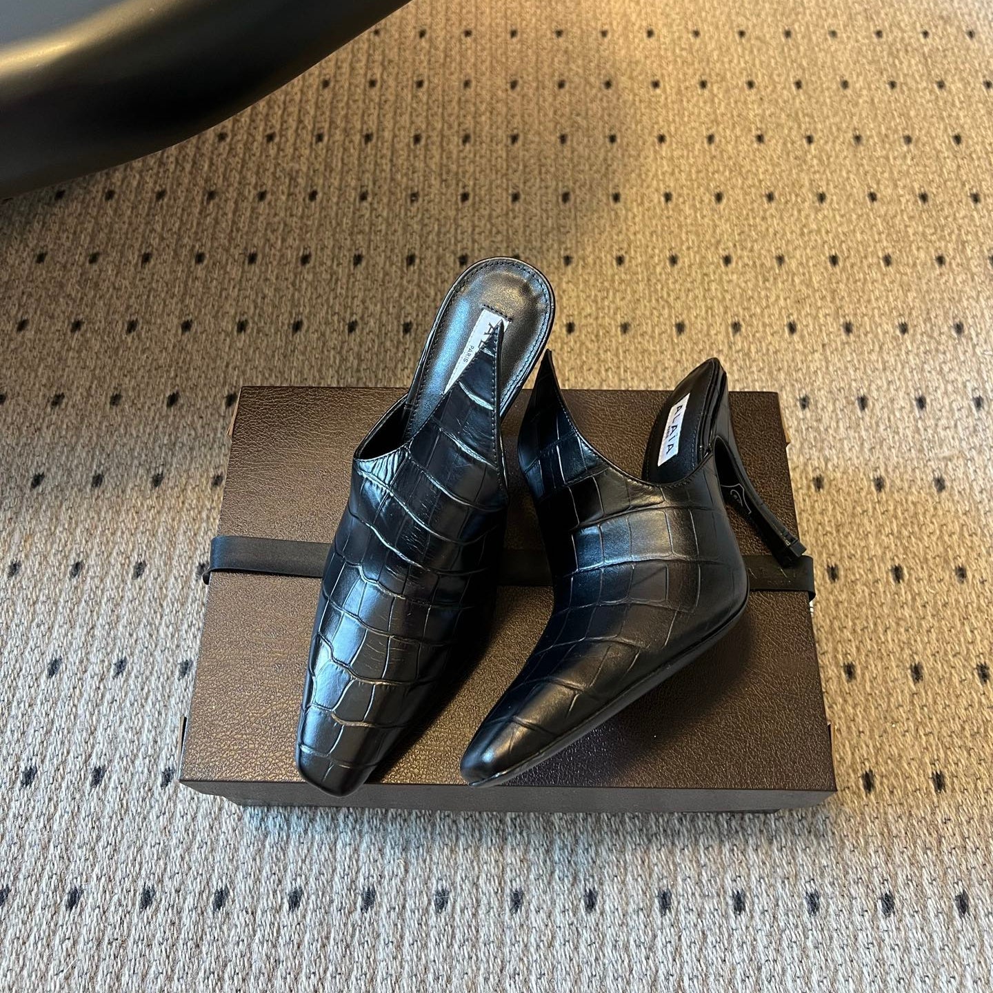 Alaia Croc-Embossed Pointed Toe Mules 10cm Black Cowhide