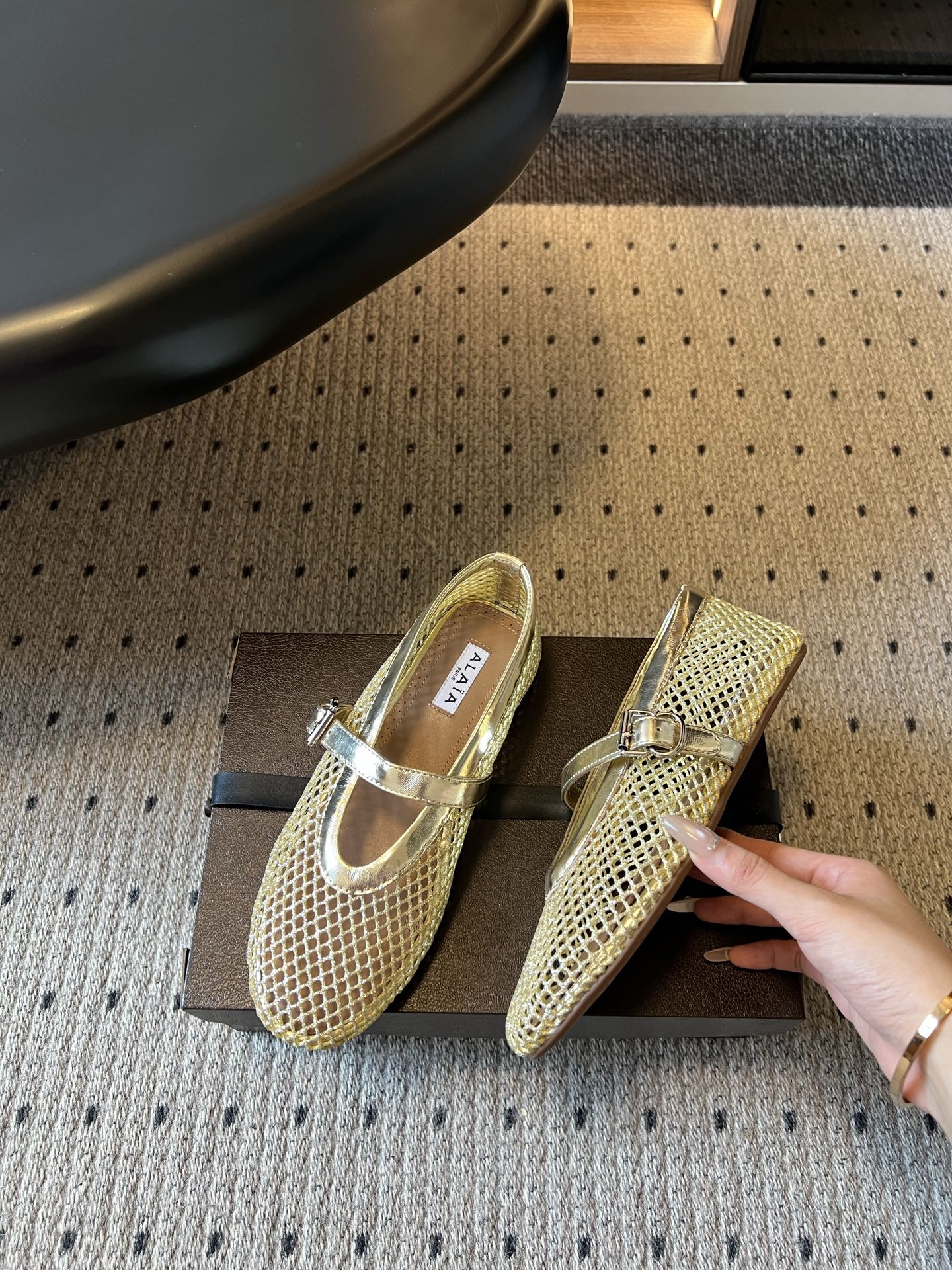 Alaia 26ss Fishnet Ballet Flats Metallic Patent Leather