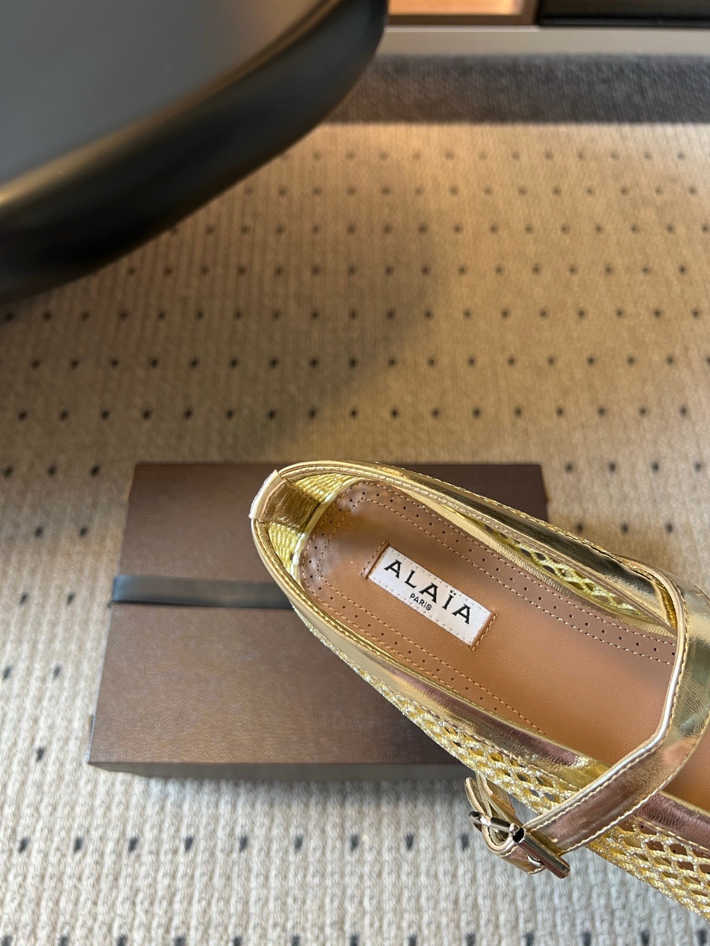 Alaia 26ss Fishnet Ballet Flats Metallic Patent Leather