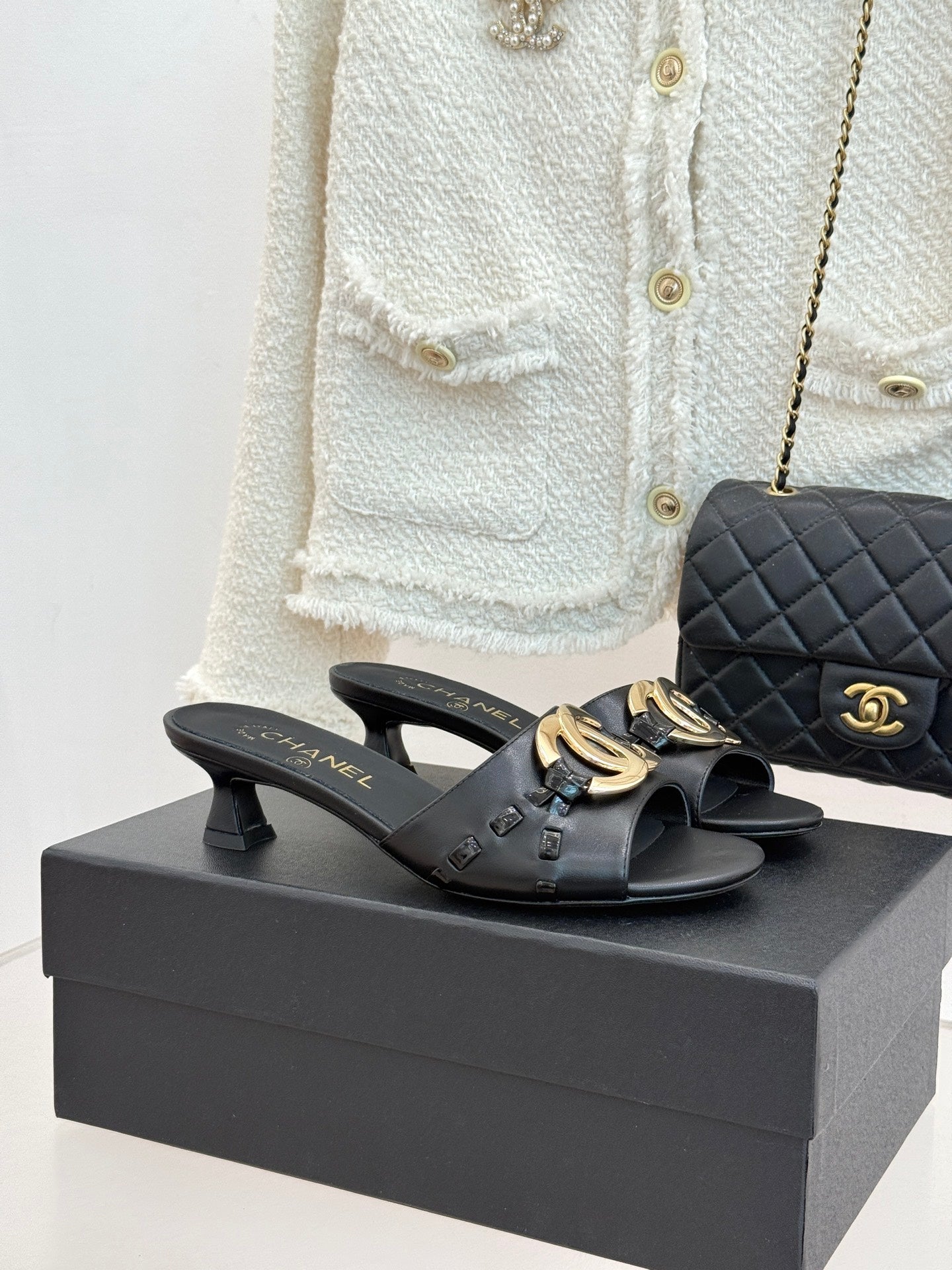 CC Flared Heel Mules Black Lambskin Leather 904665