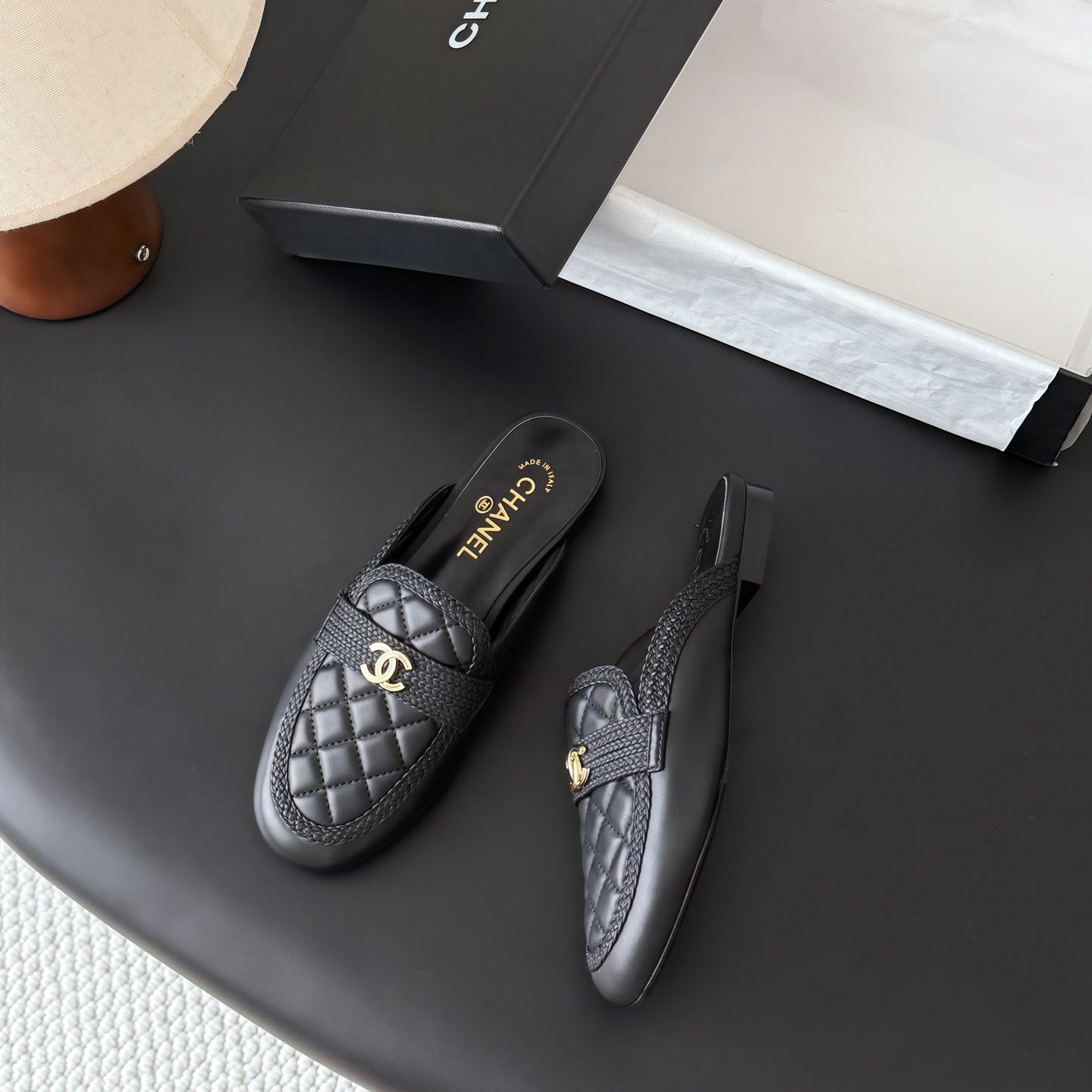 CC Quilted Logo Strap Mules Black Leather 914190