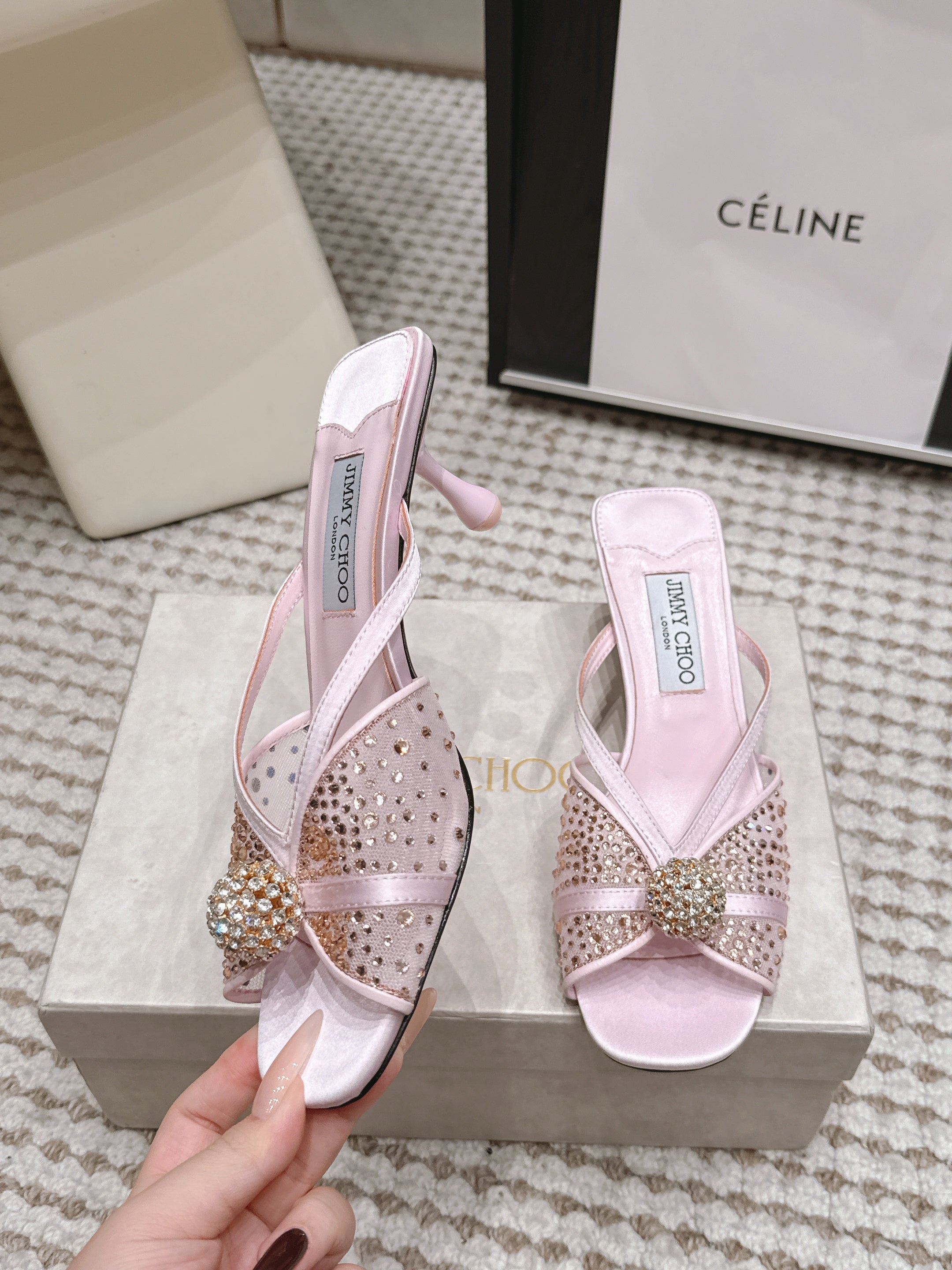 JC Crystal Bow Mule Sandals 5.5CM Pink Mesh Leather 930963