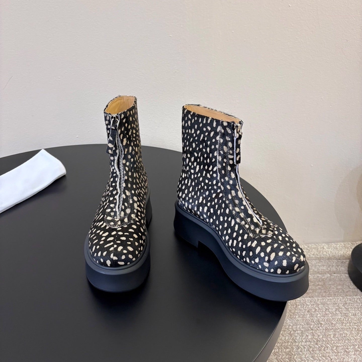 TR Platform Ankle Boots 4CM Black Leopard Pony Hair Leather 933554