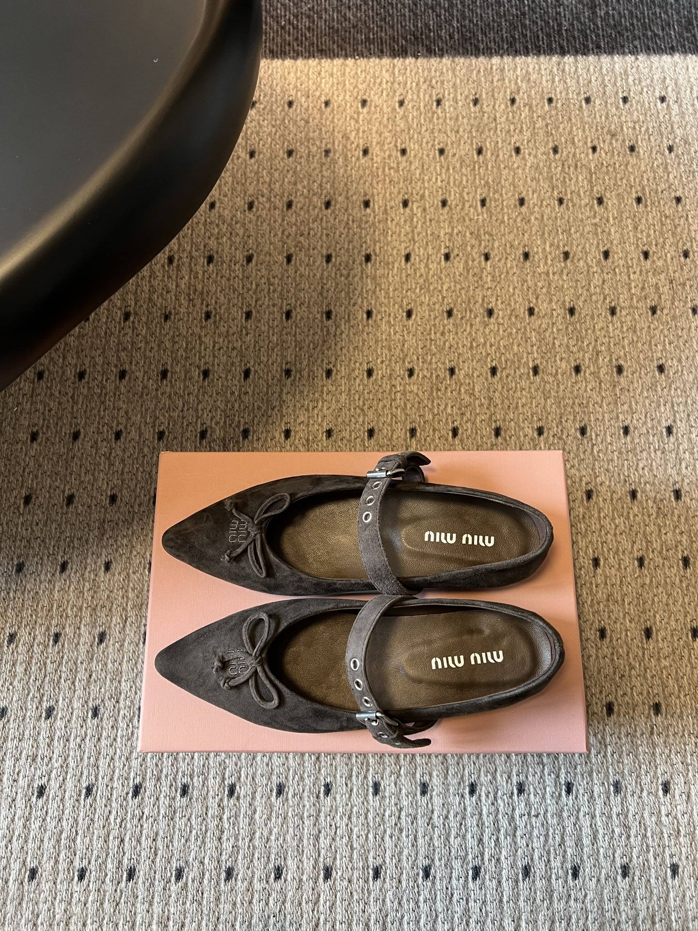 Miu Pointed Toe Bow Mary Jane Flats Dark Brown Suede 933431
