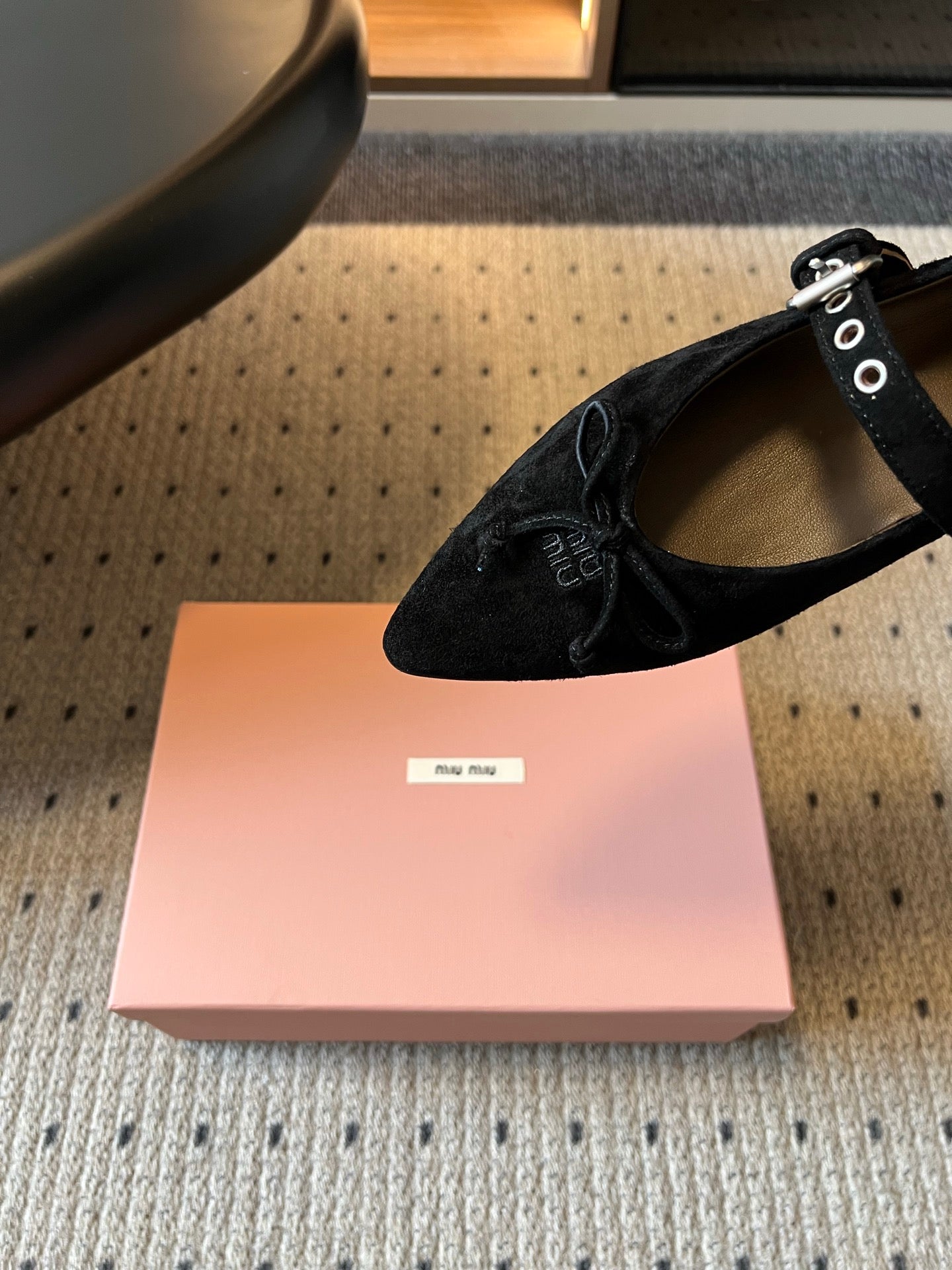 Miu Pointed Toe Bow Mary Jane Flats Black Suede 933429