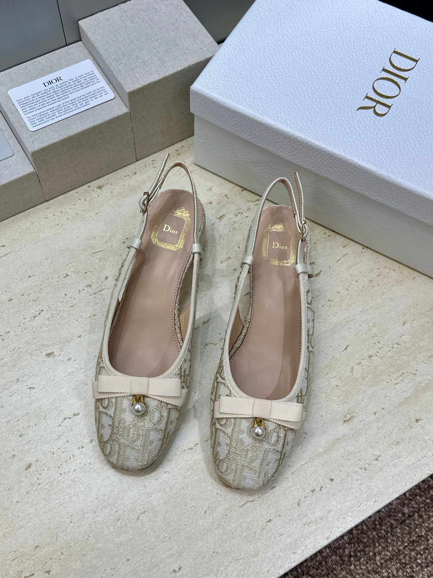 CD Oblique Bow Pearl Slingback Pumps 3.5CM Cream Embroidered Cotton 933310