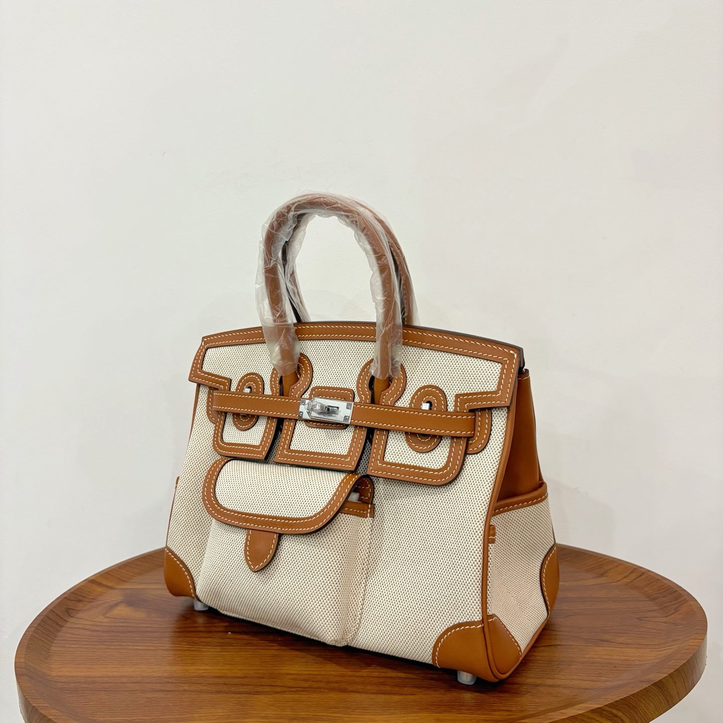 HM Birkin Cargo 25CM Handbag Ivory Brown Swift Canvas
