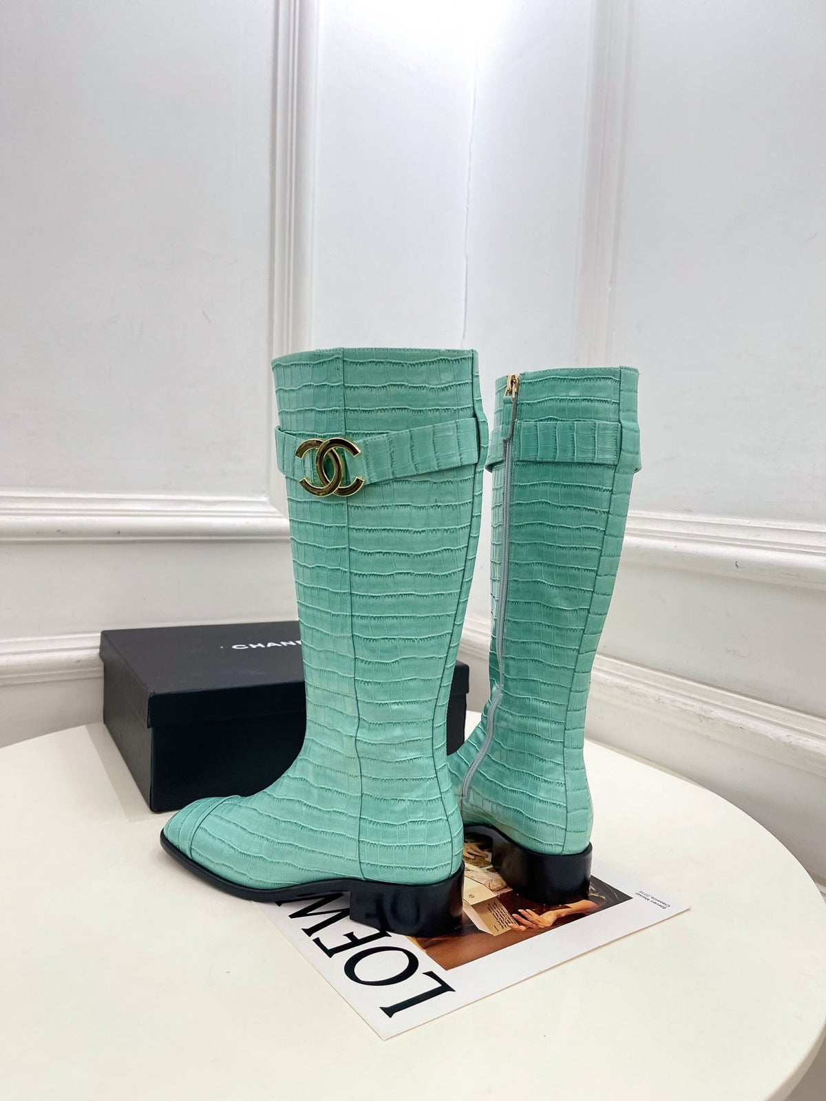 CC Double C Knee-High Boots 3.5CM Mint Green Croc-Embossed Leather 946897