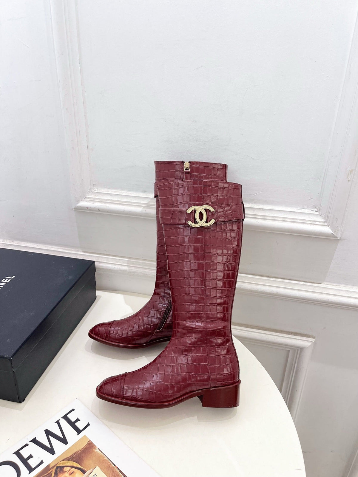 CC Double C Knee-High Boots 3.5CM Burgundy Croc-Embossed Leather 946896