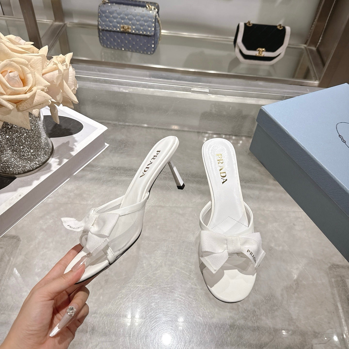 Prad Bow-Detail Kitten Heel Mules 7.5CM White Leather 951940